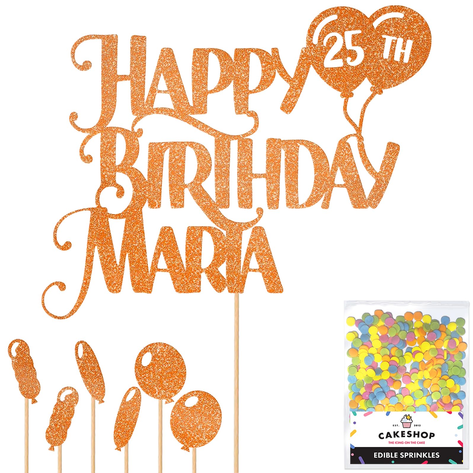 Personalised Happy Birthday Glitter Cake Topper inc Balloons - Orange Any Name & Age Glitter Cake Decoration and Sprinkles - Happy Birthday Decorations - Personalised Toppers for Cakes by Cakeshop