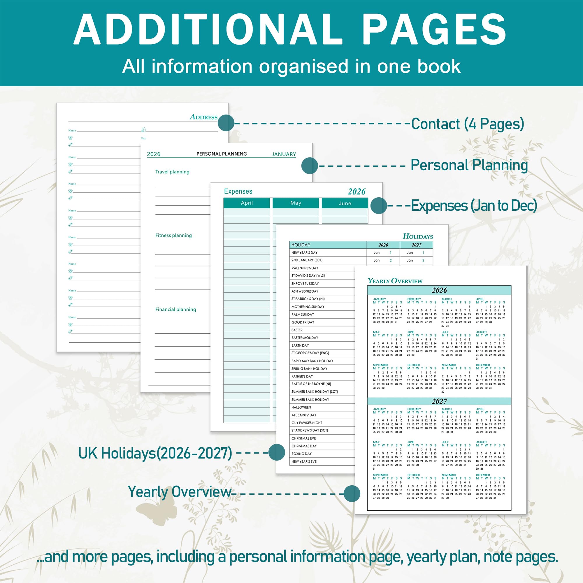 A5 Diary 2026 Refill Day Per Page 6 Hole, Extra Annual Monthly Overview,... | UK - View #9
