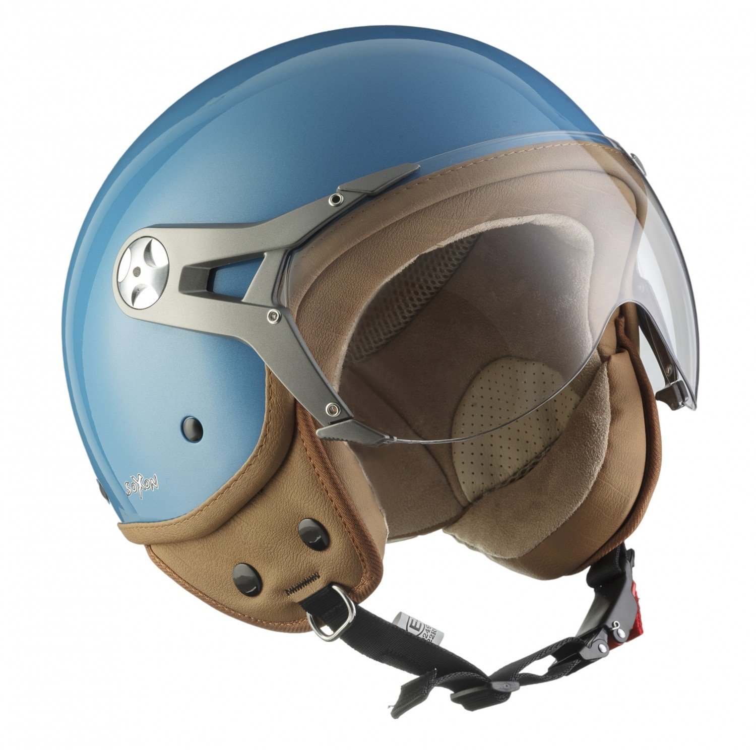 SOXON® SP-325 Mono „Crystal Blue“ · Jet-Helm · Motorrad-Helm Roller-Helm Scooter-Helm Moped Mofa-Helm Chopper Retro Vespa Vintage Pilot Biker · ECE 22.05 Visier Schnellverschluss Tasche S (55-56cm)