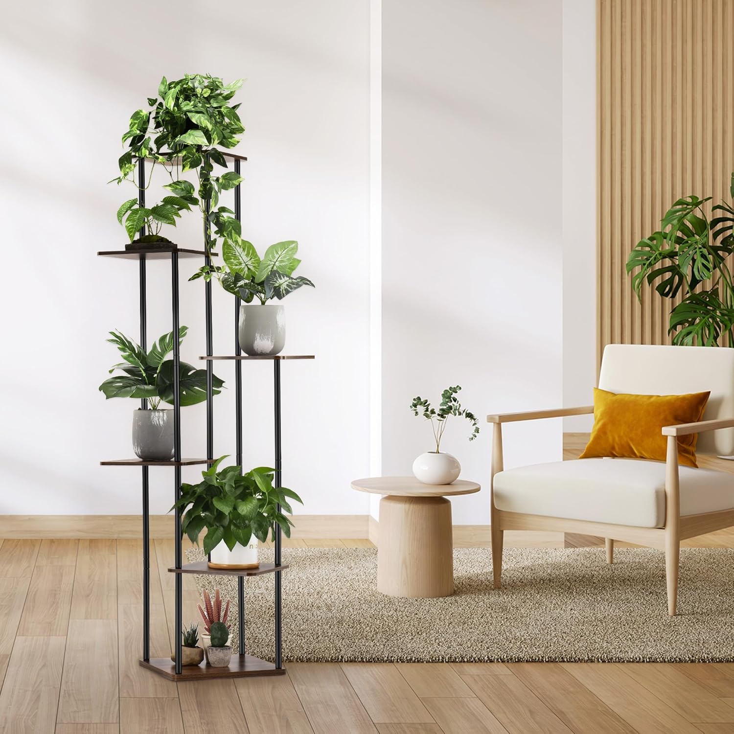 6 Tier Plant Stand Indoor Outdoor, Wood Metal Corner Shelf, Multiple Flower Pot Rack Holder Shelves, Planter Shelf Display Storage Organizer for Patio Living Room Balcony (Black)