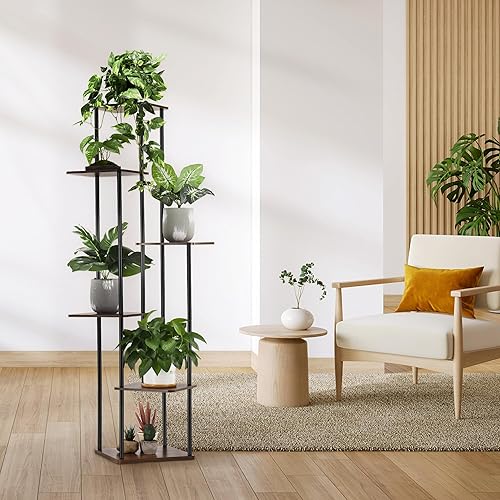 Miniatura 7 de Soporte de plantas de 6 niveles para interiores y exteriores, estante de esquina de madera y metal, múltiples estantes para macetas, estante de