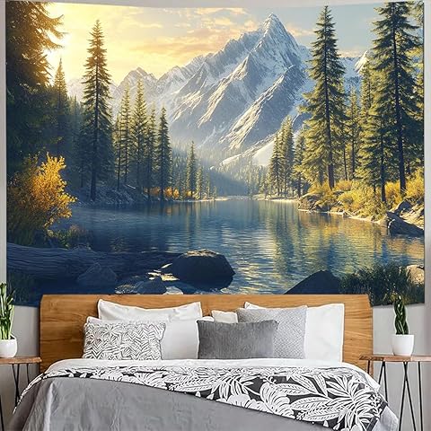 FENDROM Tranquility Lake Snow Mountain Scenery Tapestry Wall Hanging, Nature Forest Plant Trees Pictures Art Wall Tapestries Blanket for Bedroom Living Room Dorm Decor