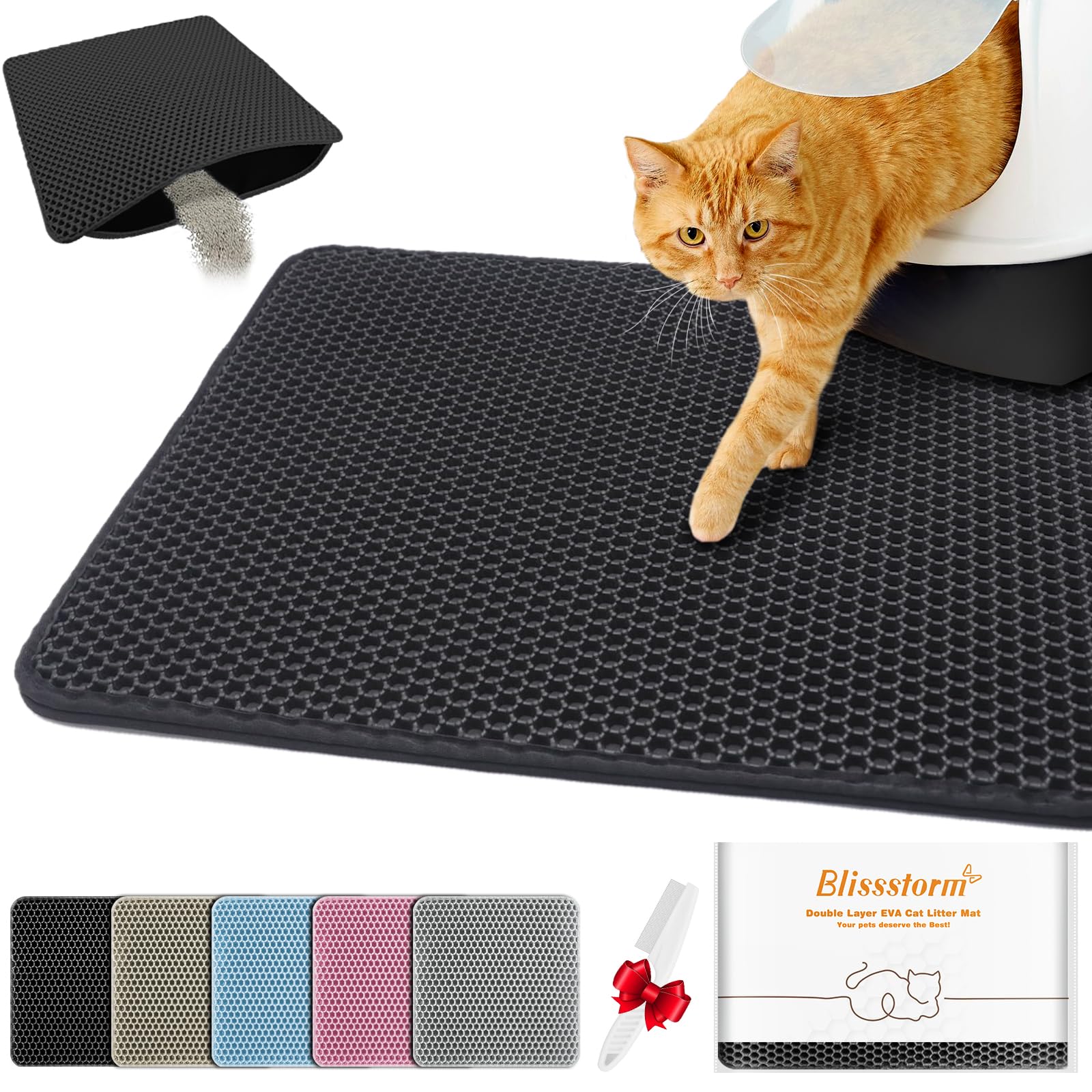 blissstorm Waterproof Cat Litter Mat, Double Layer EVA, Odor-Free Large Grid, Urine Proof, Easy Cleanup (Black, 27 x 46)