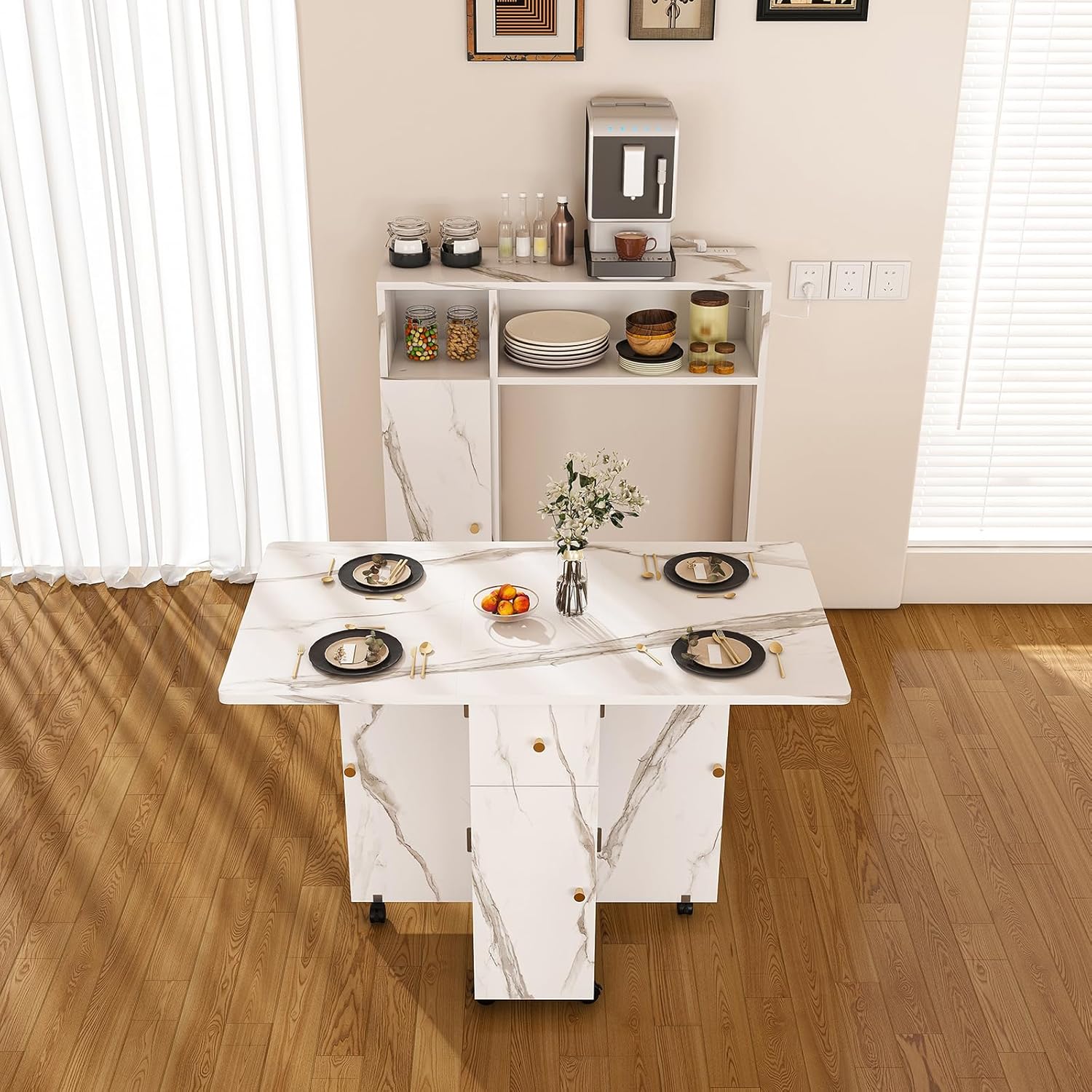 Folding Dining Table Built-in Power Movable Extendable Space Saver 2-Layer Storage Shelf with Sideboard and Wheels White