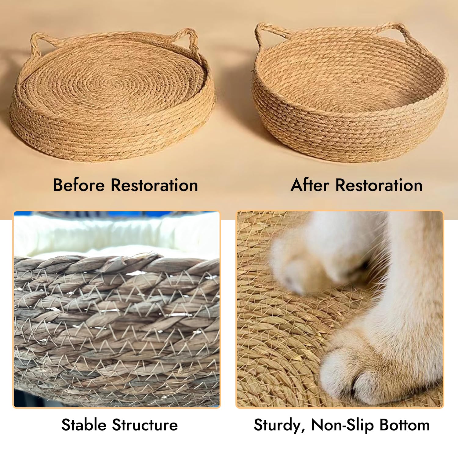 سرير دائري للحيوانات الأليفة مصنوع يدويا من الراتان والخوص الطبيعي، مع وسادة ناعمة، يستخدم كلوح خدش للقطط، قابل للأزالة والغسل للقطط أو الكلاب الصغيرة (A)