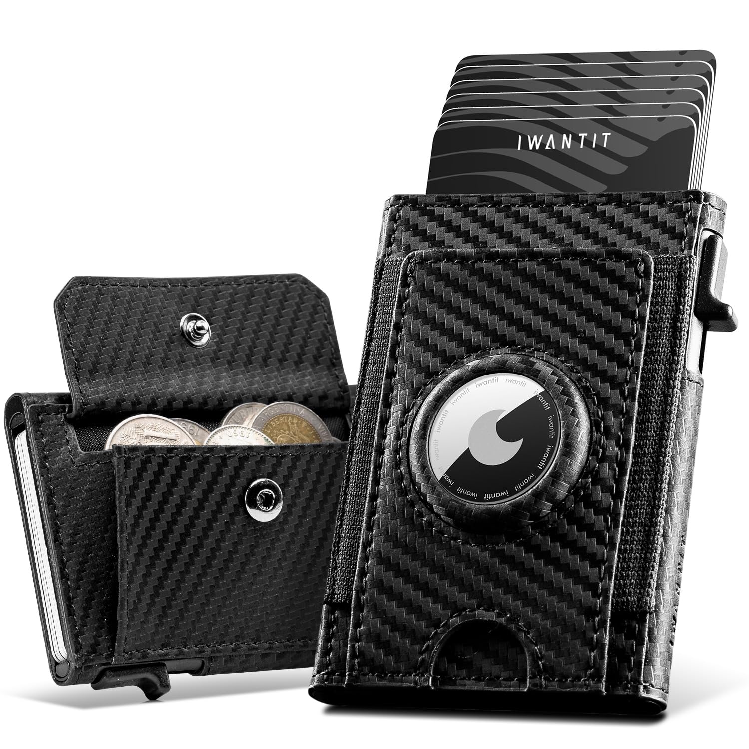 Slim Leather Airtag Wallet with Coin Compartment, Air Tag Smart Pop-Up Wallet, RFID Protection Wallet, Men's Card Case for Men, Carbon fibre, 9.7 x 6.8 x 1.3 cm, Modern