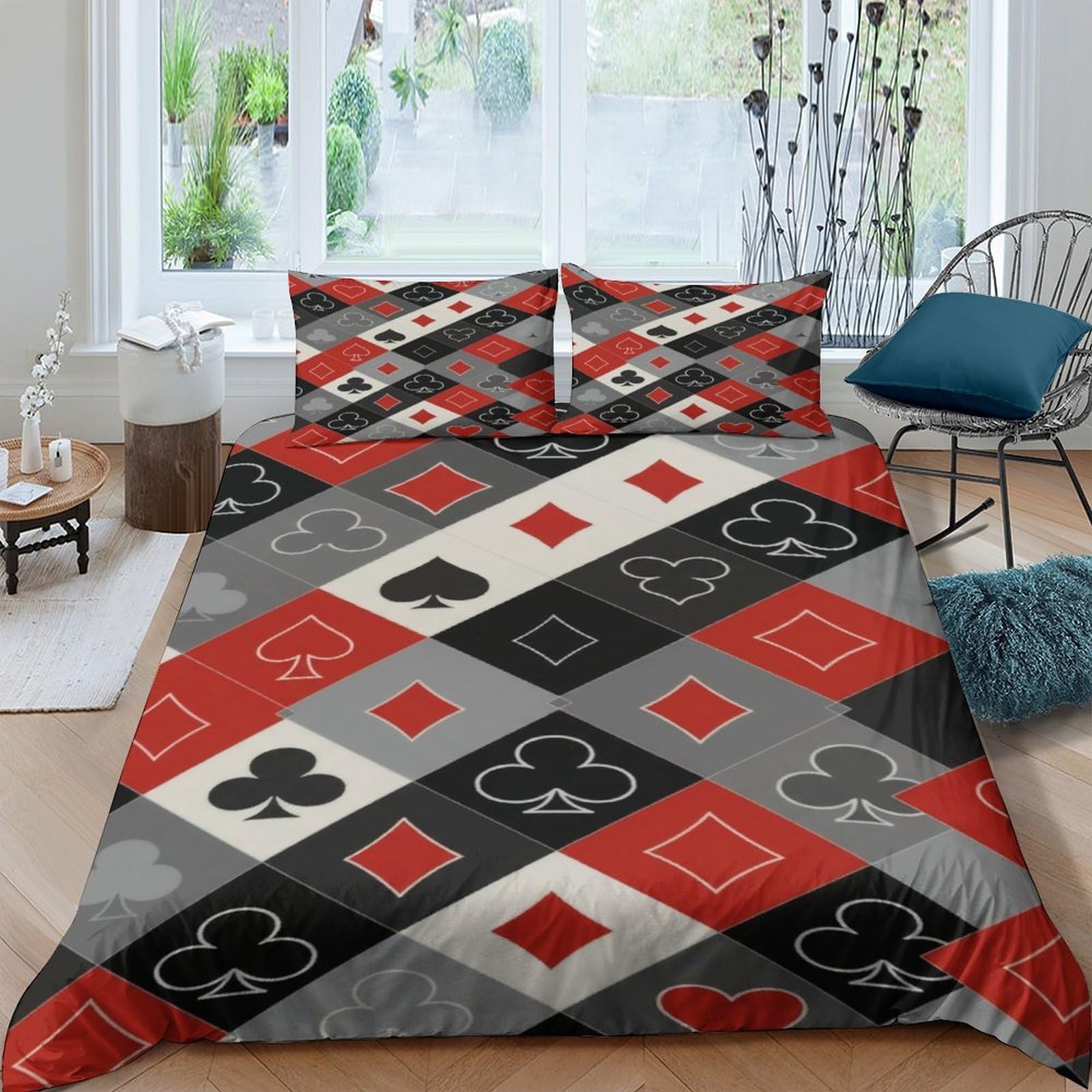 Ctjqhvkz Style-3 3D Printed Poker Card Pattern Fitted Sheet Microfiber Soft Red Black Geometric Mattress Cover For Bedroom Guest Room Decor Single（135X200cm）