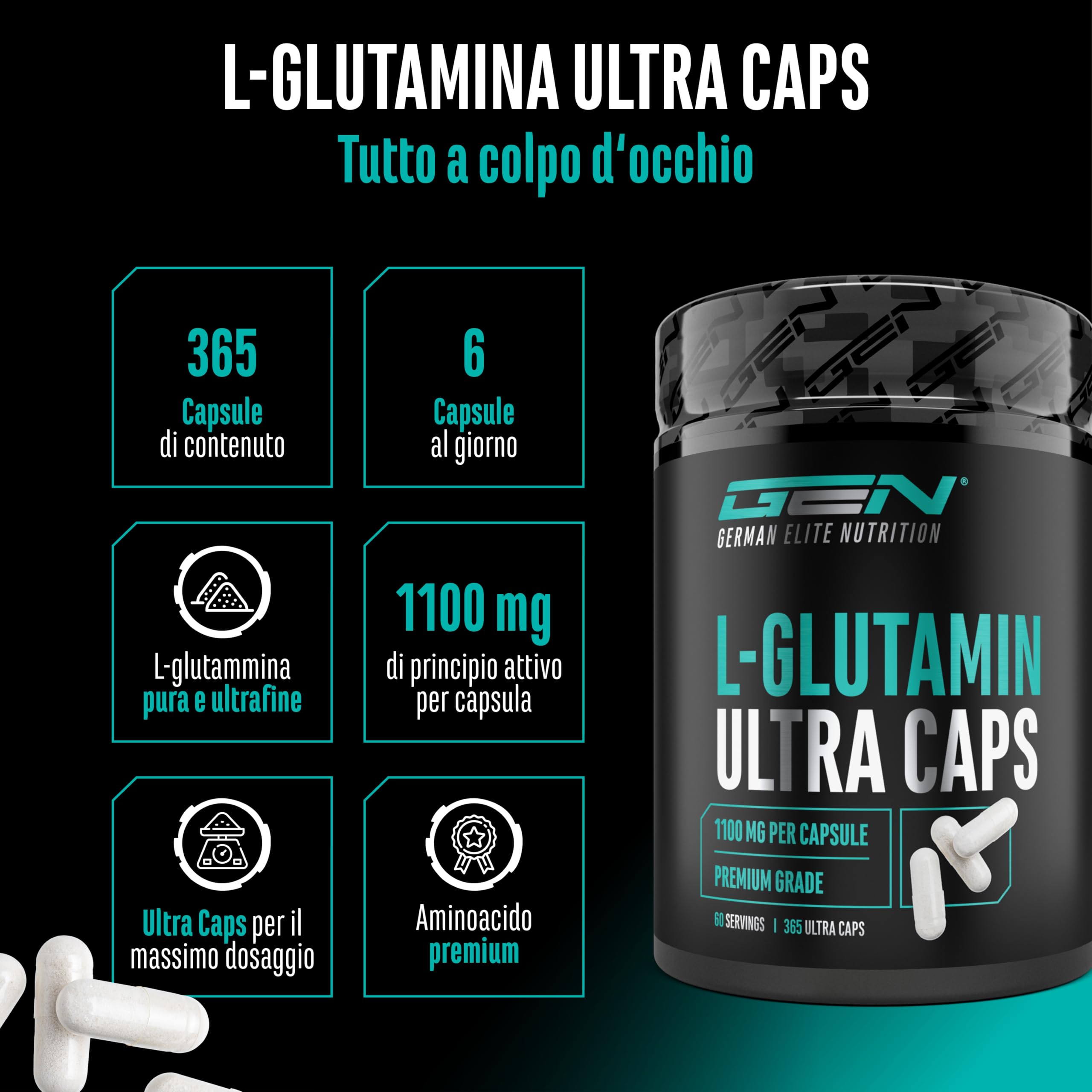 L-glutammina Ultra Caps - 365 capsule da 1100 mg - L-glutammina pura e ultra-fine in qualità premium - Extra ad alto dosaggio