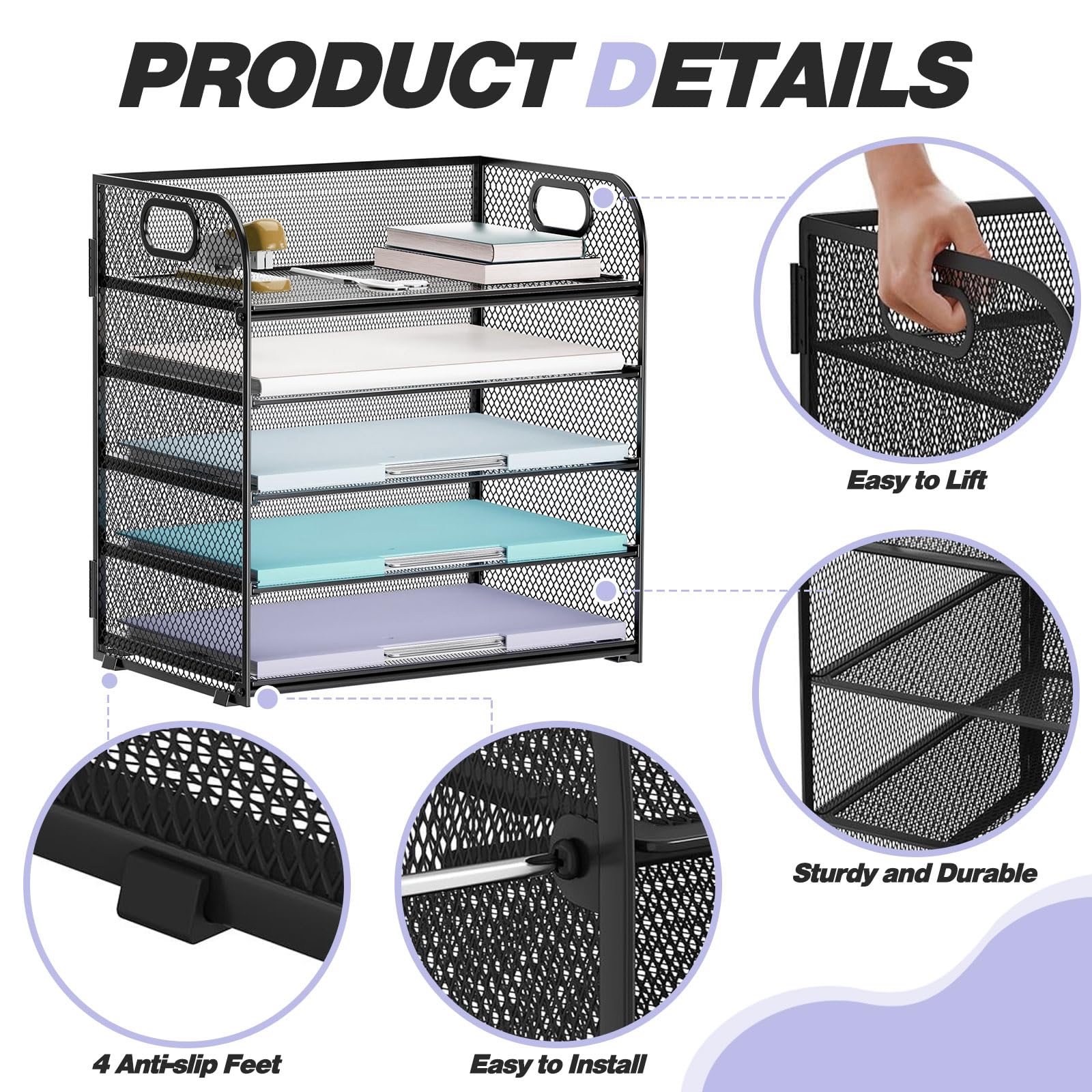 Mesh Letter Tray Organiser - 5 Tier Paper Organizer, Mesh Desk Organiser with Handle, Black File Document Holder A4 Filing Trays, Desk File Rack Paper Letter Tray Organizer for Home Office School - Image 3