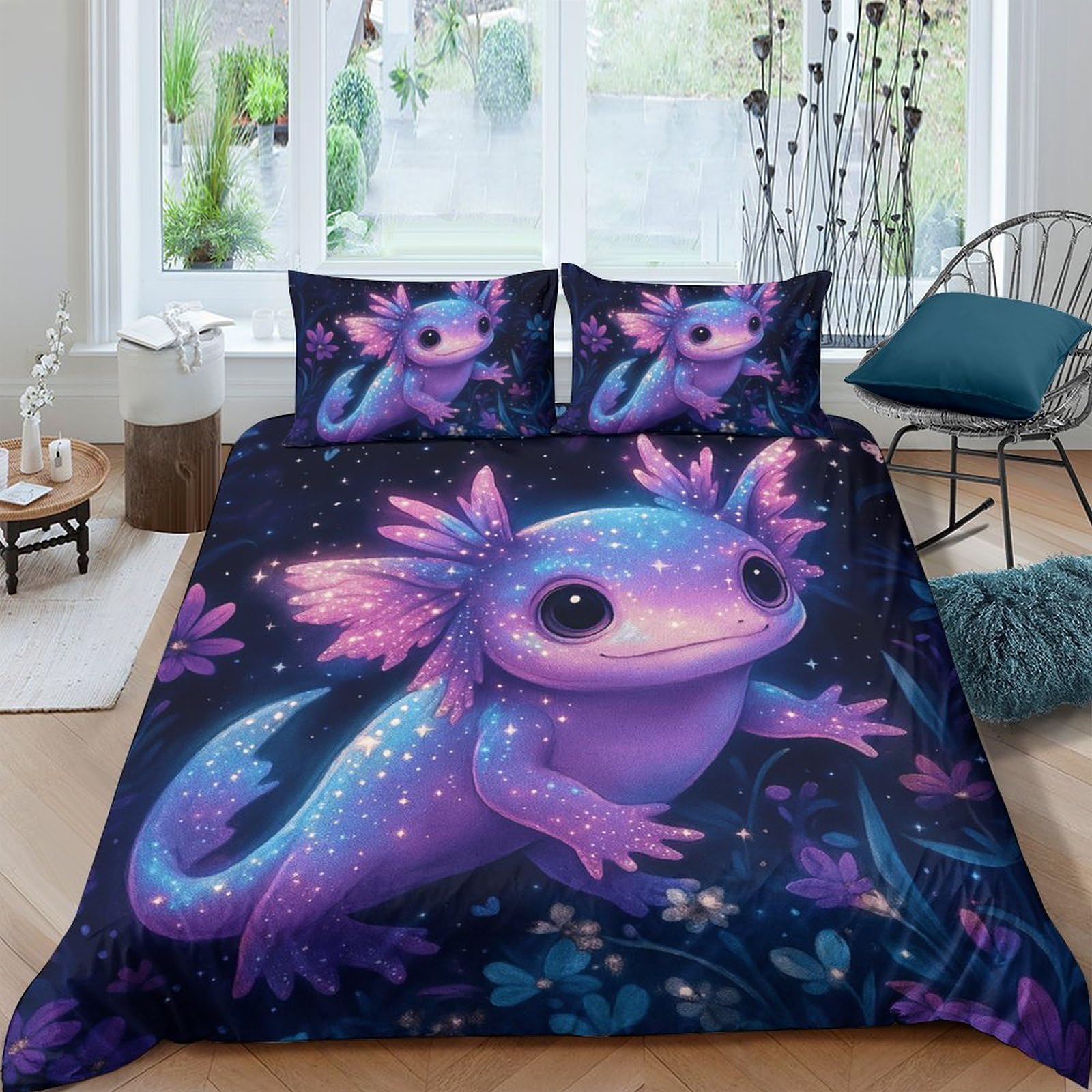 Ctjqhvkz Style-2 3D Printed Fantasy Axolotl Fitted Sheet Microfiber Soft Purple Blue Cartoon Bed Cover For Bedroom Guest Room Decor Single（135X200cm）