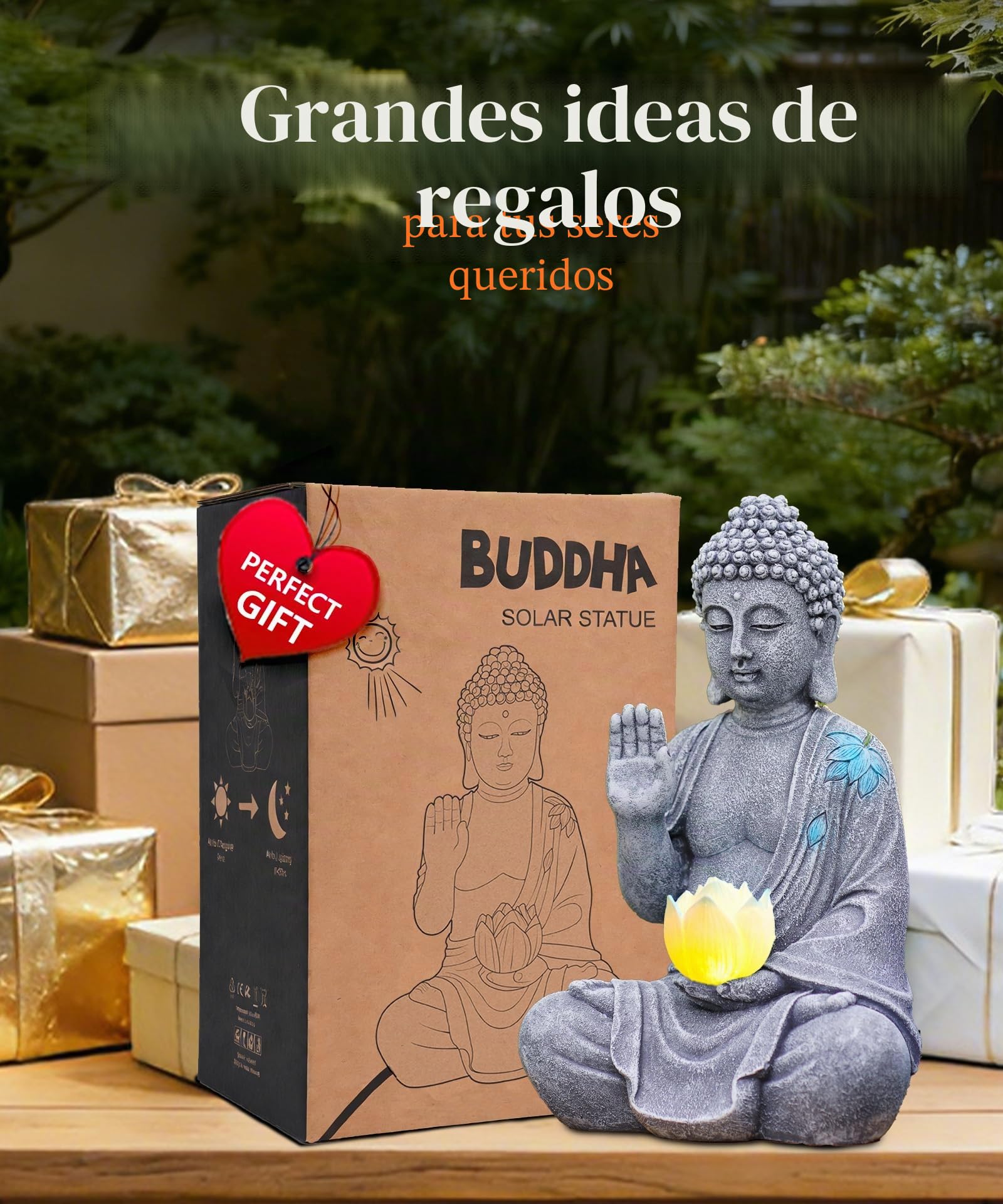 Yeomoo Figura de Buda con Solar LED Lotus para Jardín - Decoración Resistente al Clima para Meditación, Figuras de Jardín para Zen, Sala de Estar, Feng Shui, Regalo Espiritual para Mujeres, Mamá