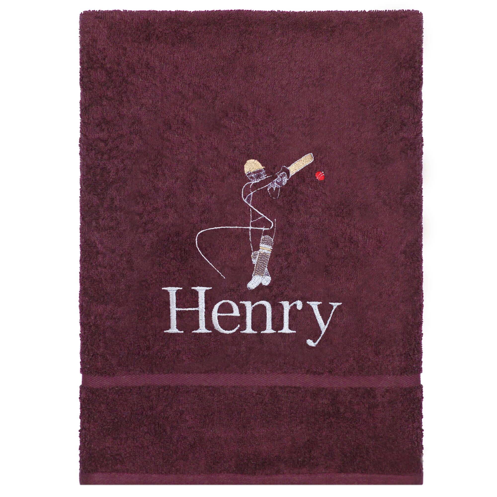 Teddyt's Burgundy Personalised Cricket Illustration Embroidered Hand Towel (Burgundy)
