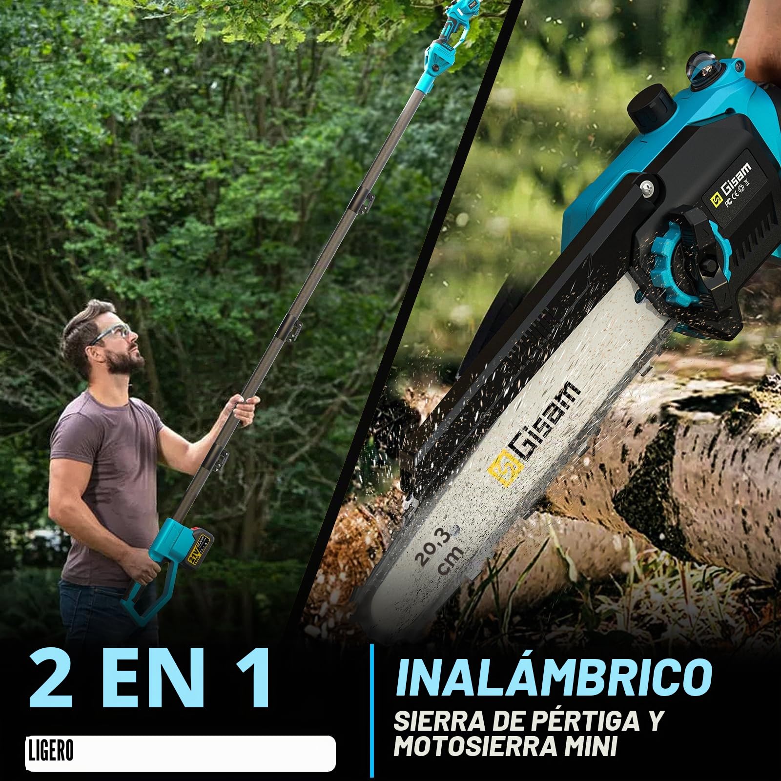 Mini Motosierra 2 En 1 Con PéRtiga TelescóPica,Motor Sin Escobillas De 2600w,Motosierra De 8 Pulgadas,Engrasador AutomáTico Y Tensor De Cadena Sin Herramientas Y 2 * 4000 Mah,Extensible Hasta 4,2m