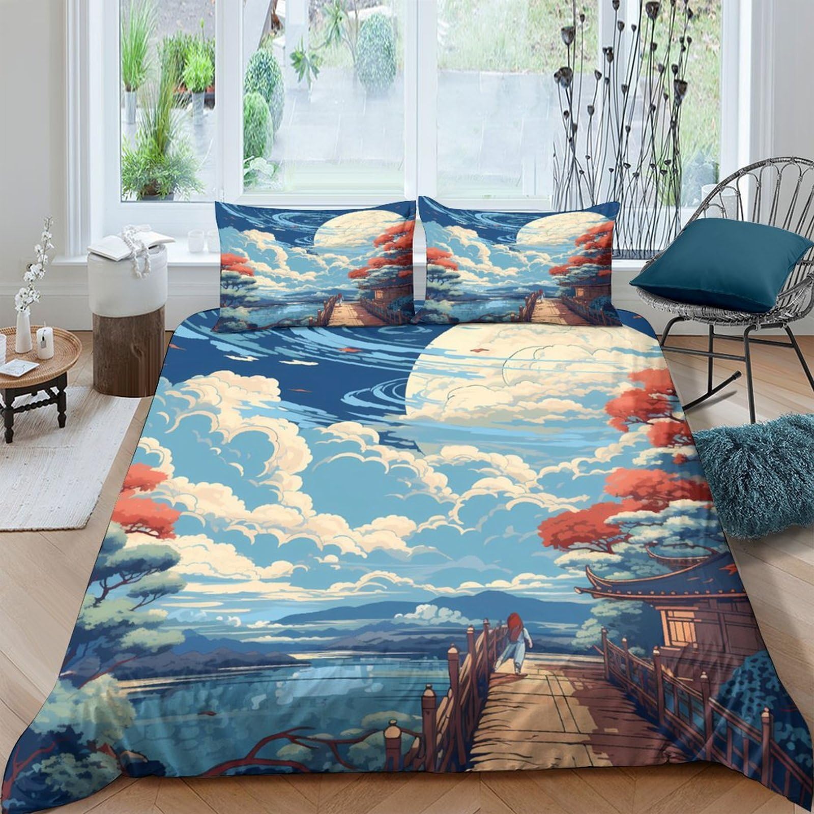Ctjqhvkz Style-5 3D Printed Sunset Cloud Lake Fitted Sheet Microfiber Soft Breathable Landscape Bridge Bed Cover For Bedroom Guest Room Single（135X200cm）
