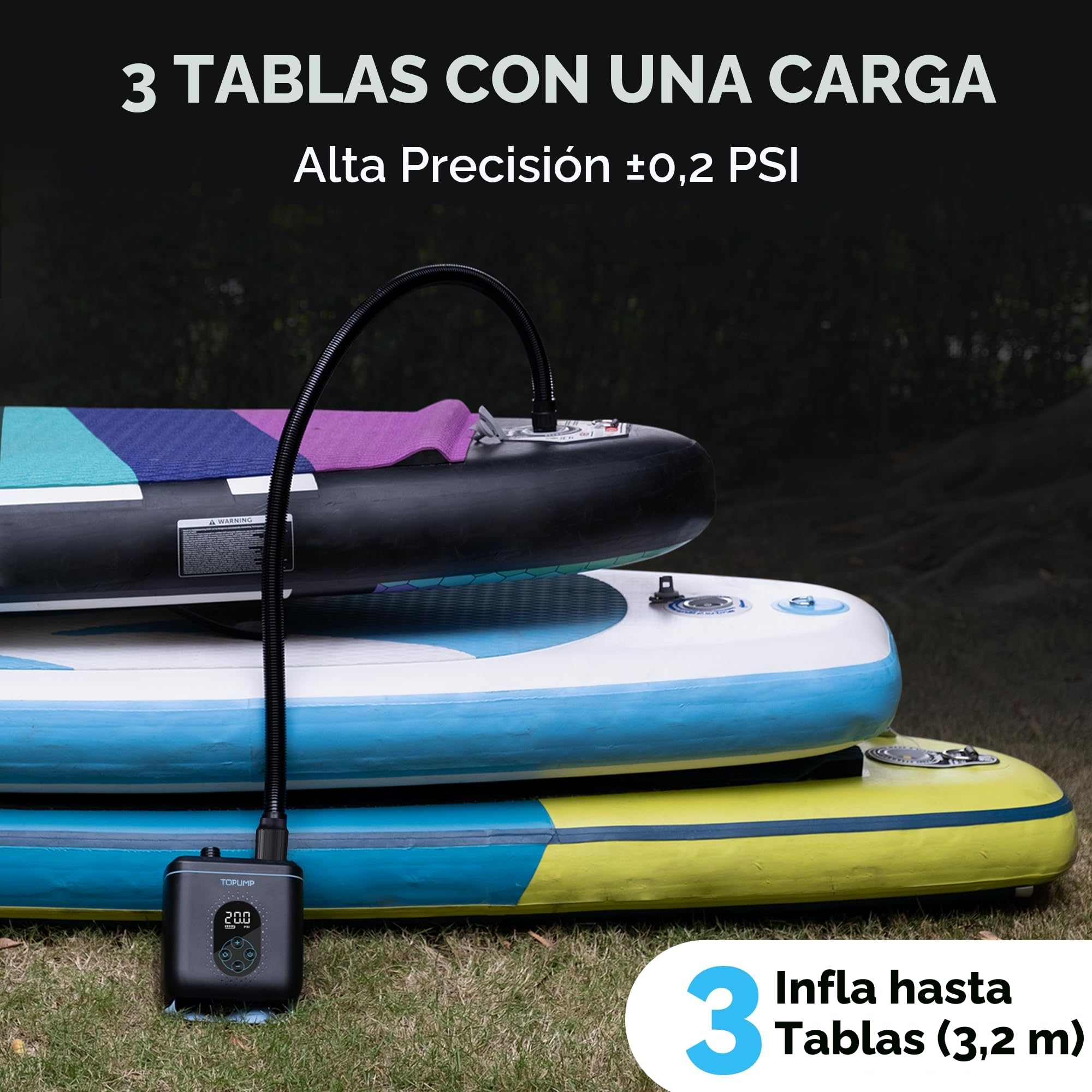 TOPUMP Bomba Sup Recargable 20PSI TPS260, Auto-Apagado, Inflado/Desinflado Doble Etapa, Type-C para Paddle,Kayak,ala,Cometa,Tienda,Barco,Colchón