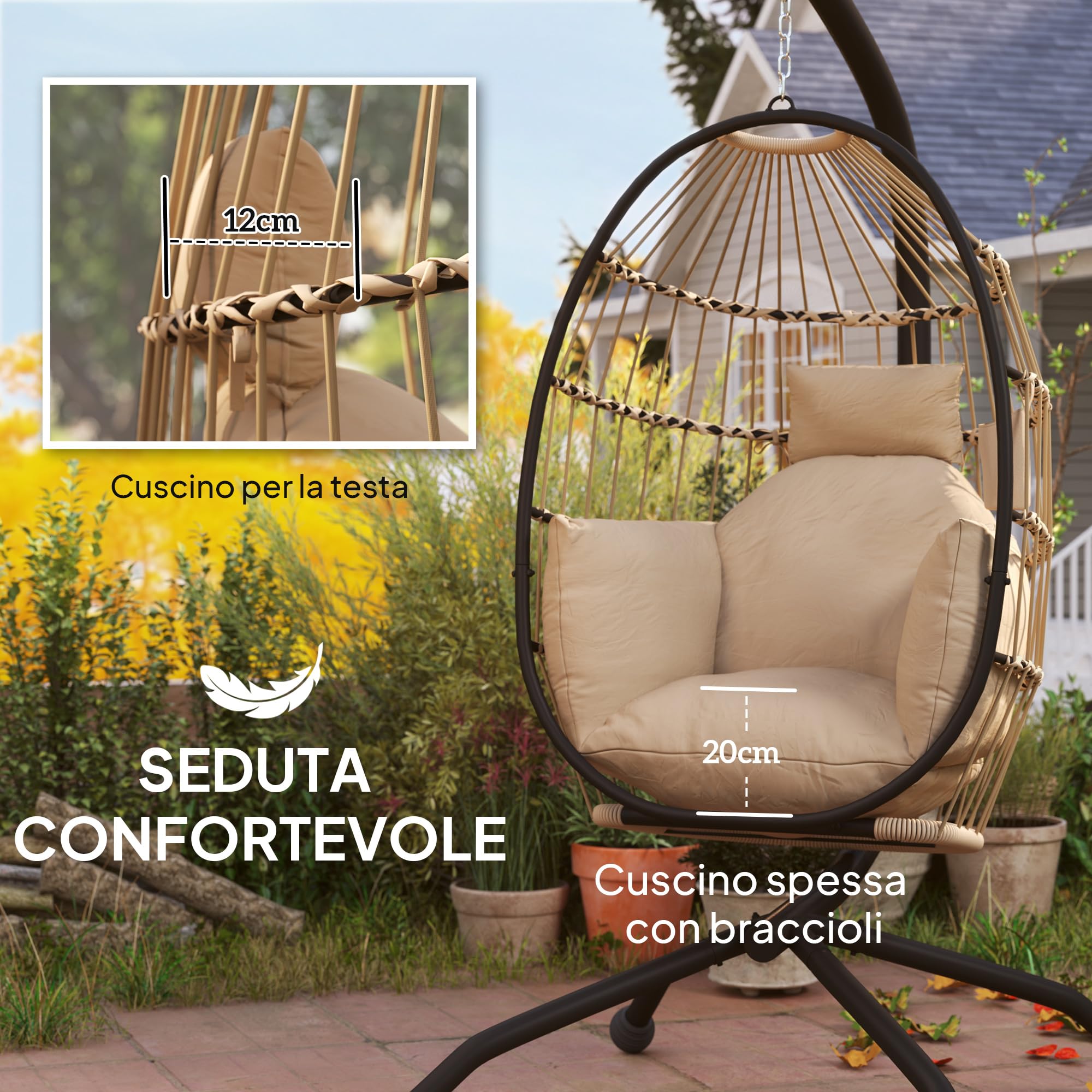 Outsunny Poltrona Sospesa a Uovo 120x88x192 cm Cachi con Gancio Regolabile 2 Cuscini Lavabili Base Acciaio
