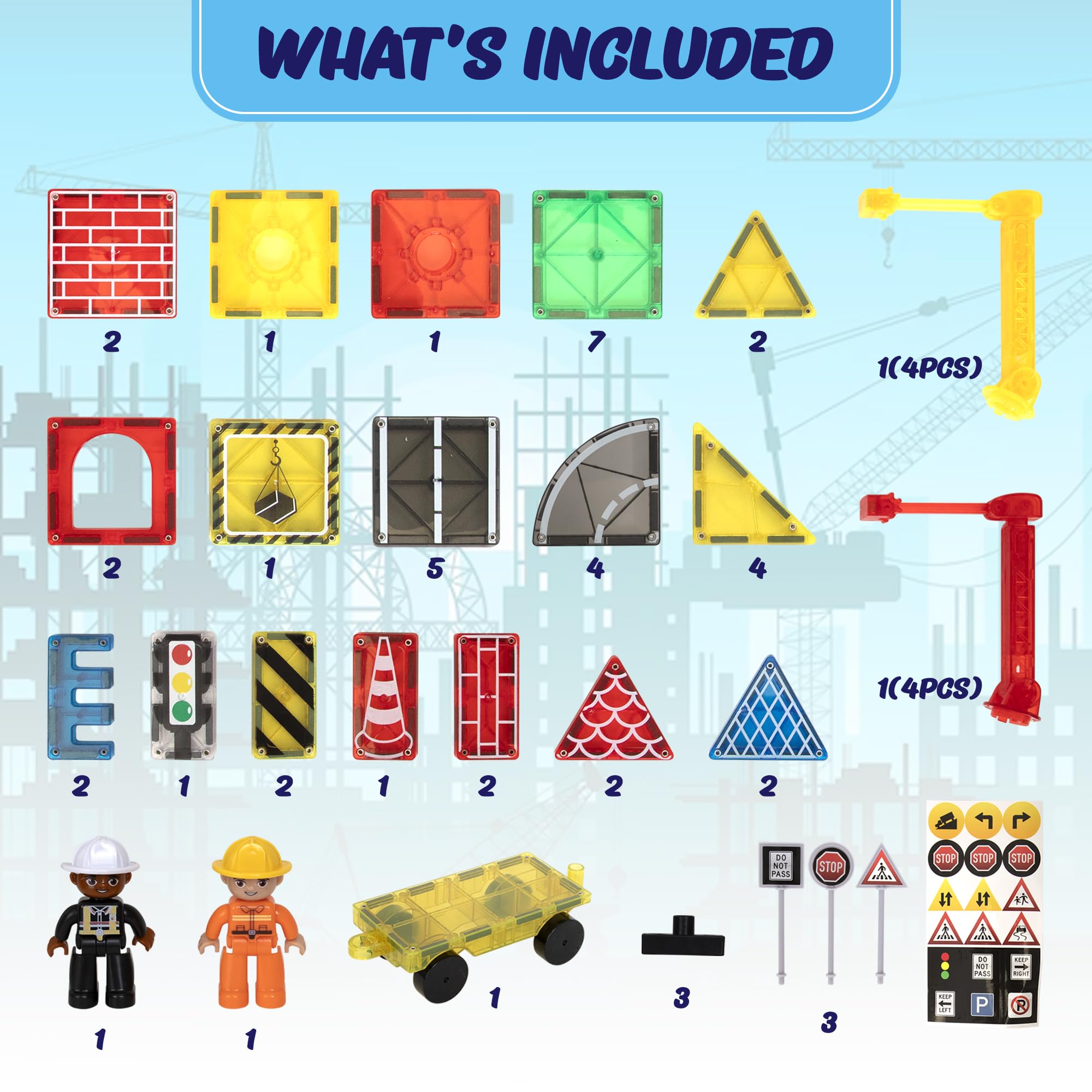 Playmags 52-Piece City Construction Magnetic Tiles Set, Building Blocks with Crane & Road Pieces - Image 2