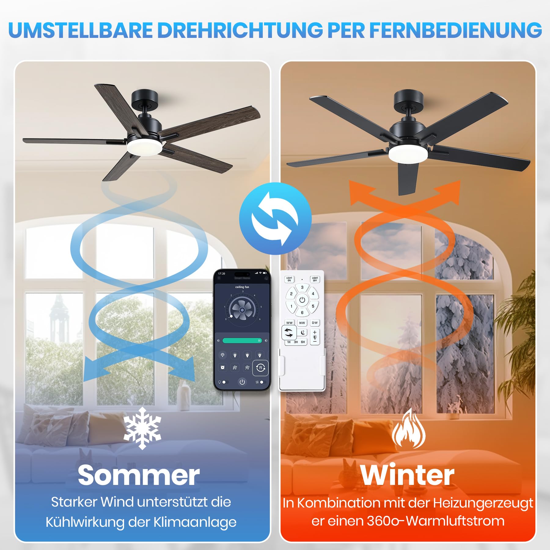 Deckenventilator mit Beleuchtung 132cm, Fernbedienung und APP, 5 Flügel, Leise DC Motor, Timer, Schwarz