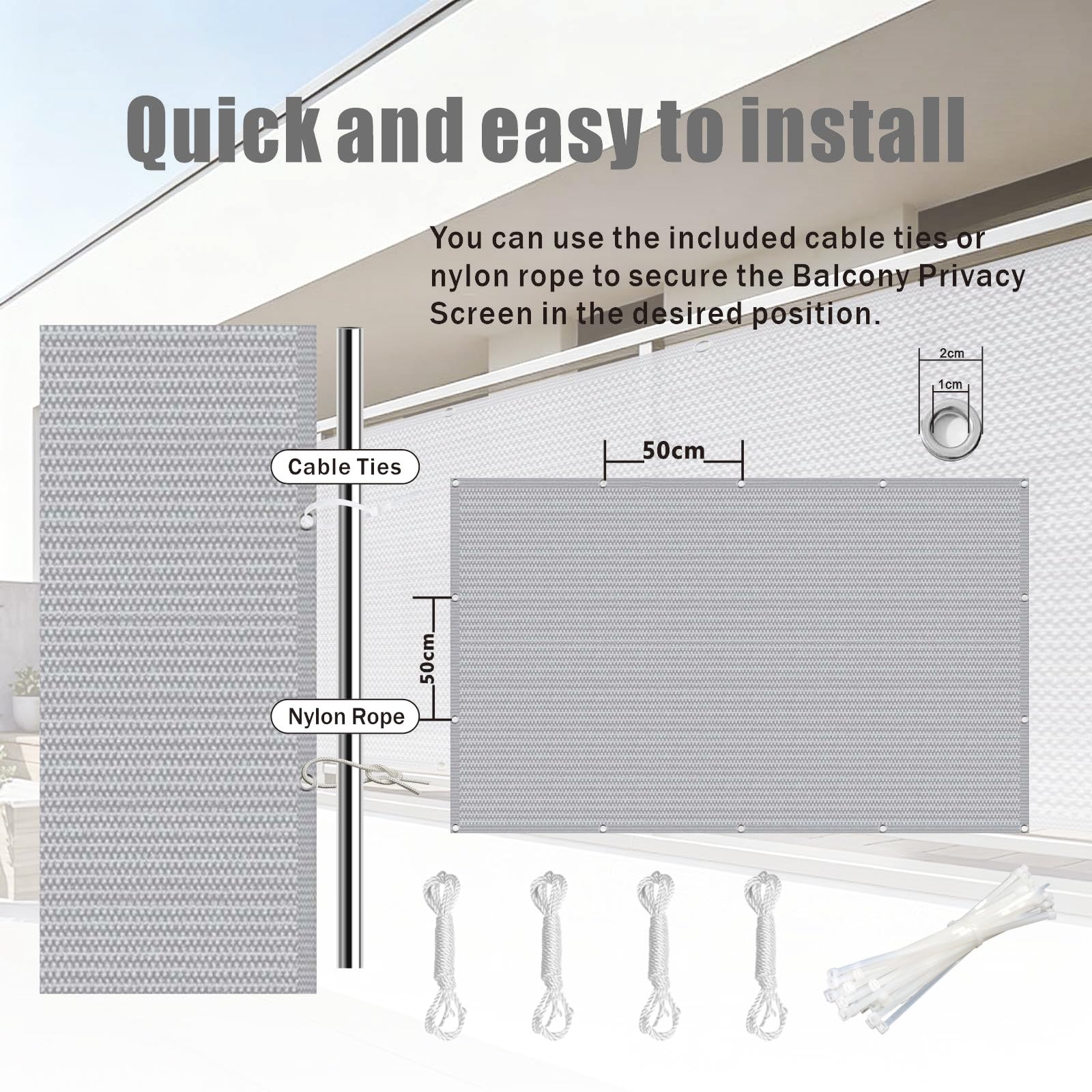 Osłona Balkonu 90 x 435 cm Hdpe, Stopień Zacienienia, 95% Uv, Przepuszczający Powietrze, Siatka Osłonowa Na Balustradę, Osłona Ogrodowa Z Użyciem Opasek Do Basenów, Jasny szary