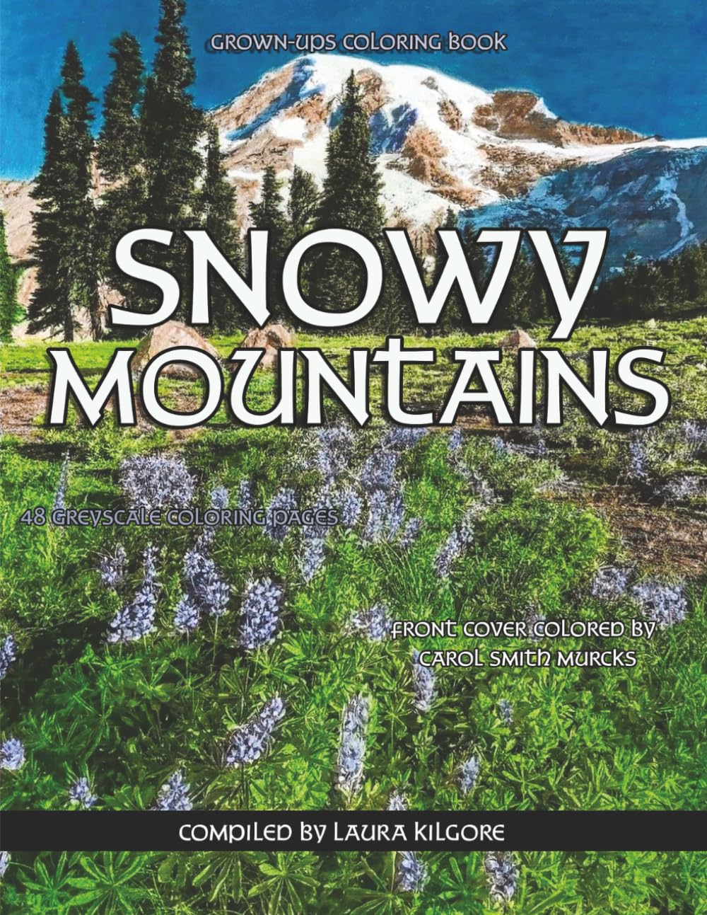 Snowy Mountains: 48-Page Coloring Book in Greyscale for Grown-ups. This book is a landscape book with lots of beautiful snowy mountains in the backdrop of the pictures.