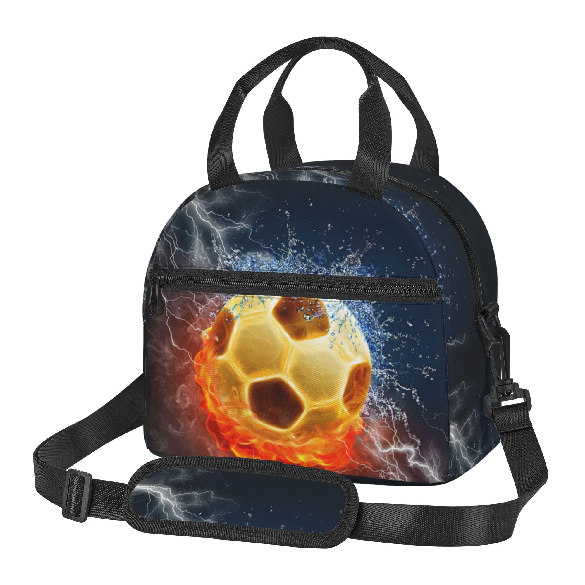 Gaakvrr Insulated Lunch Bag for Women Men Kids, Fire Soccer Ball Sports Reusable Leakproof Lunch Tote Bag with Adjustable Shoulder Strap, Thermal Cooler Lunch Box for School Work Travel Picnic
