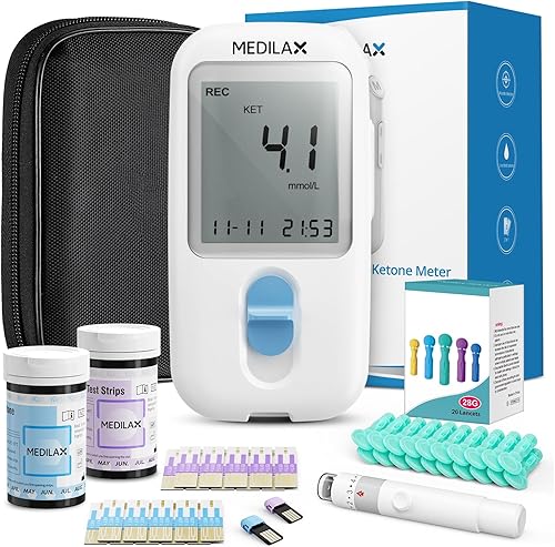 Medilax Kit de monitor de cetona y medidor de glucosa, kit de medidor de prueba dual de azúcar en sangre y cetona con 10 tiras de prueba de cetonas,