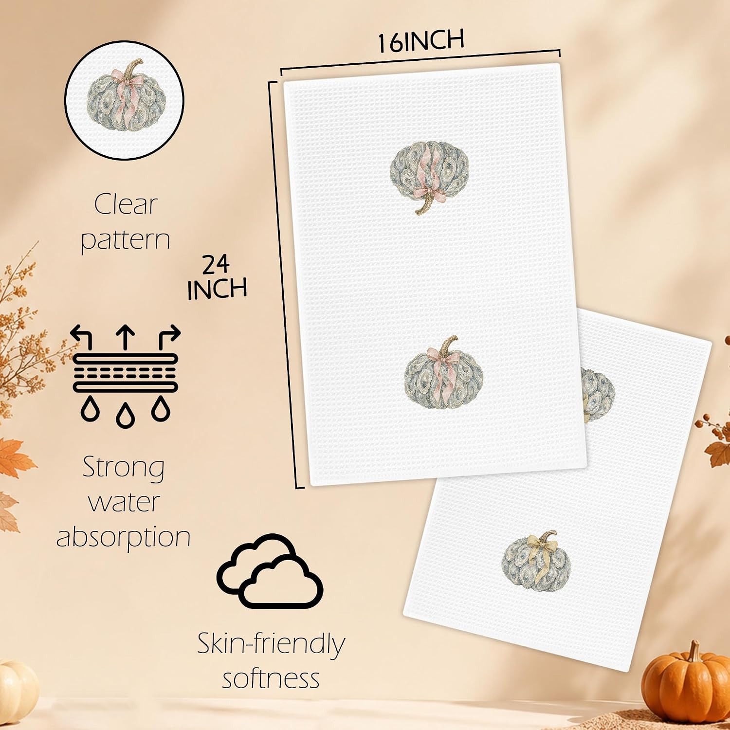 Fall Coastal Oyster Pumpkin Bow Kitchen Towels, Nautical Pumpkin Hand Towels for Bathroom Decor, Autumn Coquette Bow Oyster Fall Dishcloths Dish Towel for Kitchen 16x24 Inches Set of 2