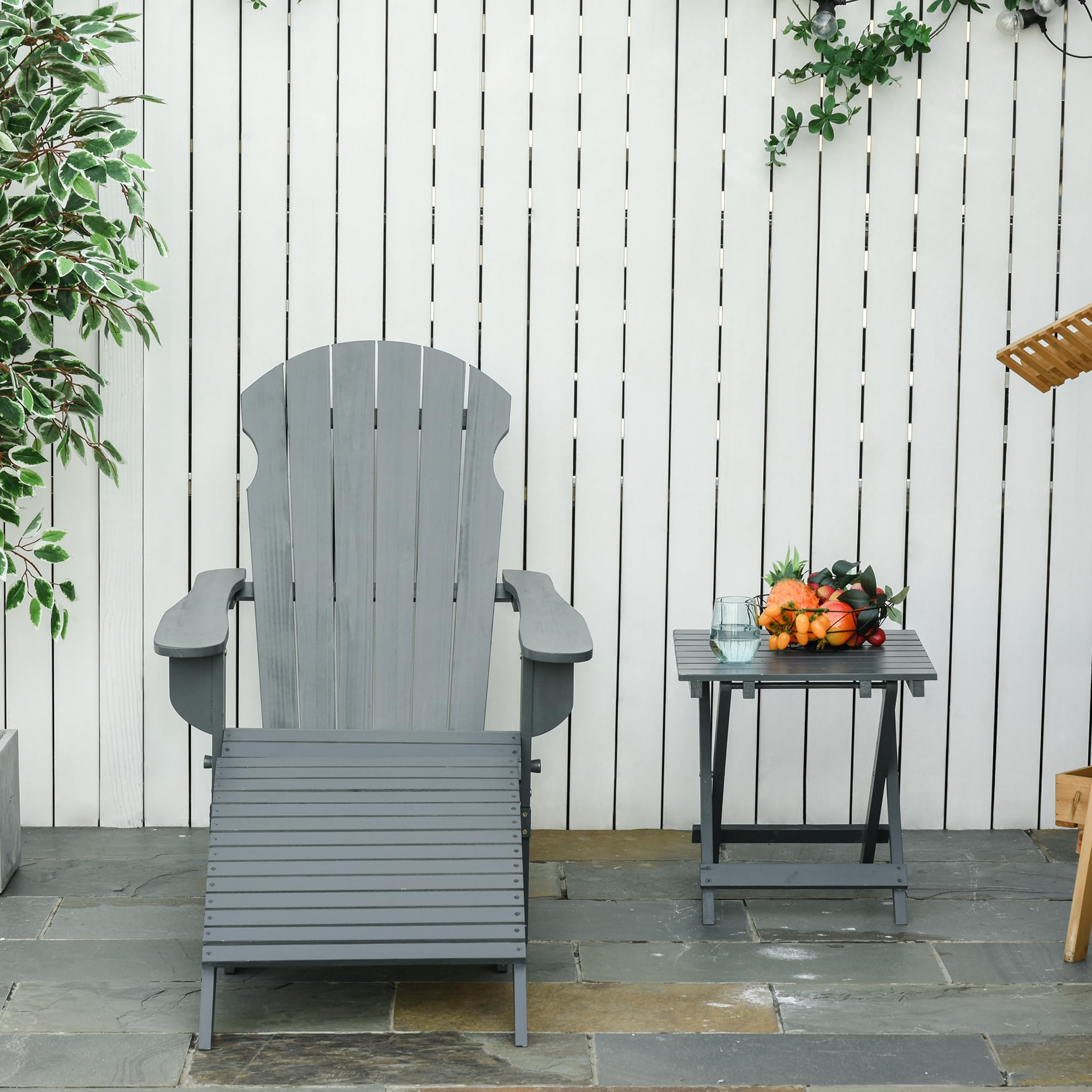 Outsunny Fauteuil de Jardin Adirondack Pliable, avec Table Basse et Repose-Pied, en Bois Massif traité Gris