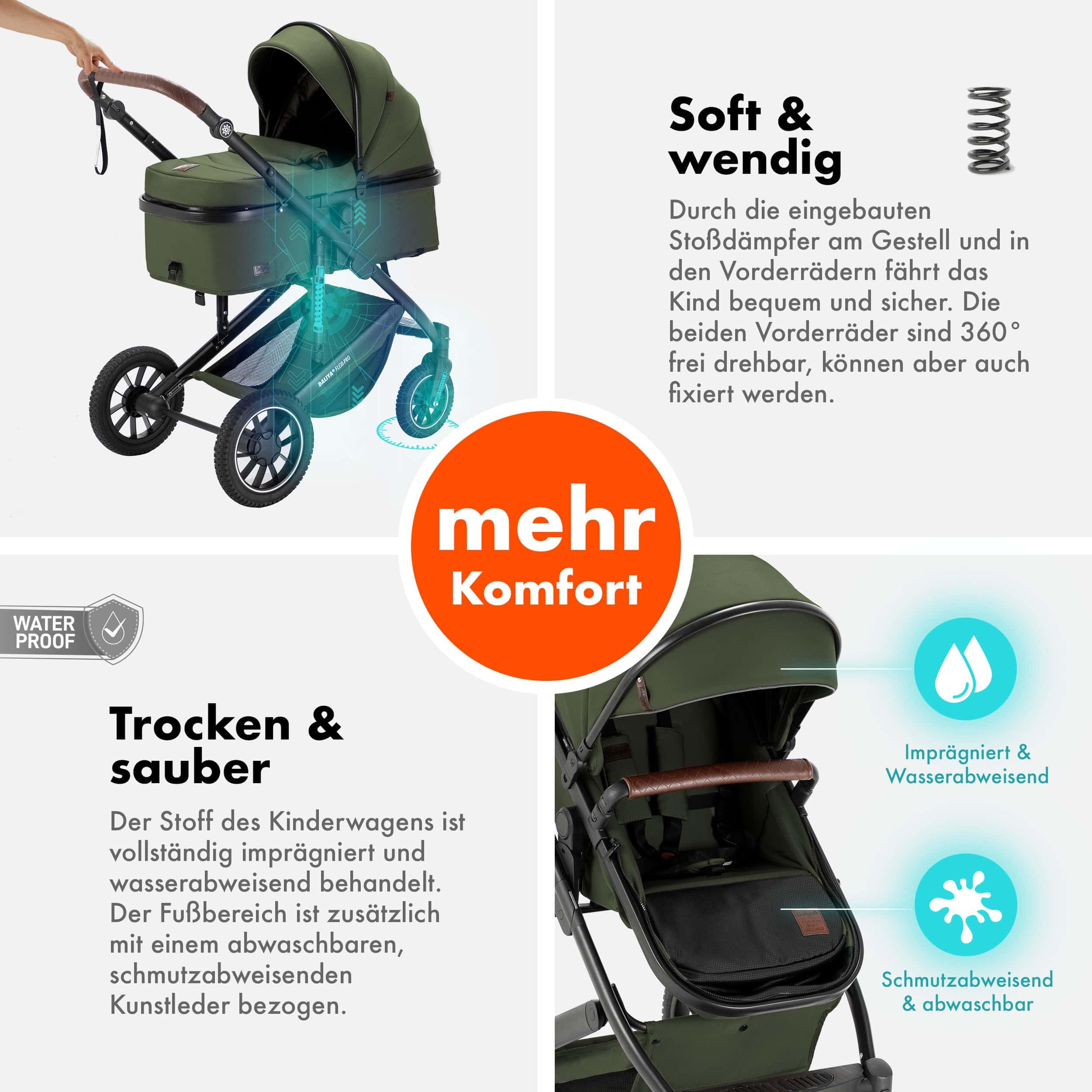 Daliya® FLEXI-PRO M 3in1 Kinderwagen & Buggy mit i-Size Babyschale, Viel Zubehör (Olivgrün)