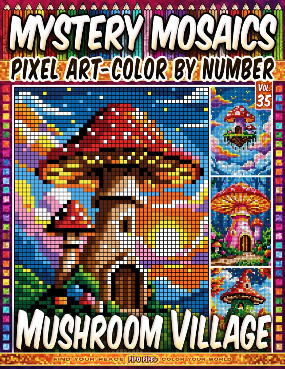Mushroom Village - Mystery Mosaic Color by Number - Vol. 35: 50 Designs in Pixel Art - Enchanting Mushroom Homes And Magical Scenes (Pixel Art Color by Number)