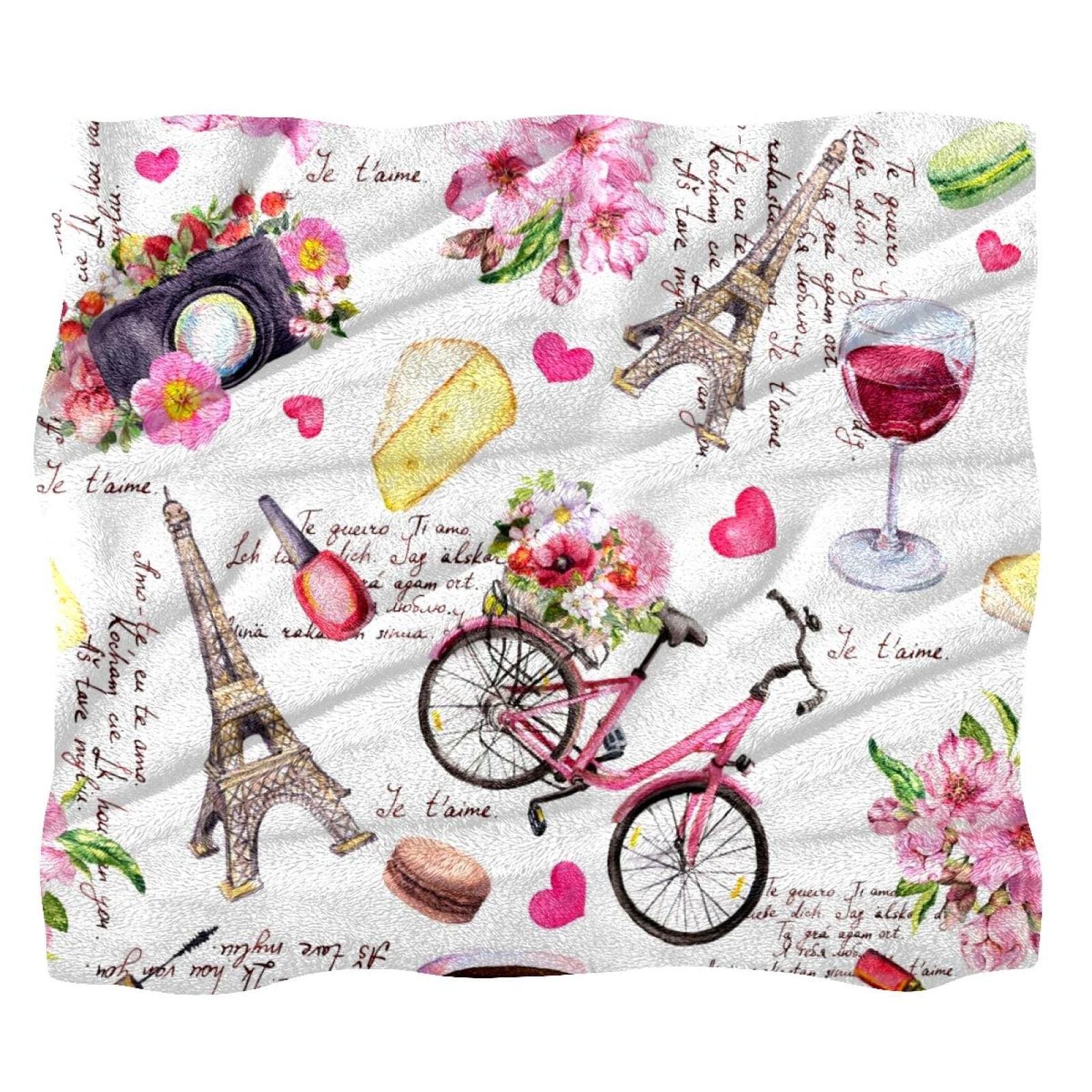 Couvre-lit doux haut de gamme motif Paris Tour Eiffel vélo et fleurs roses de prestige