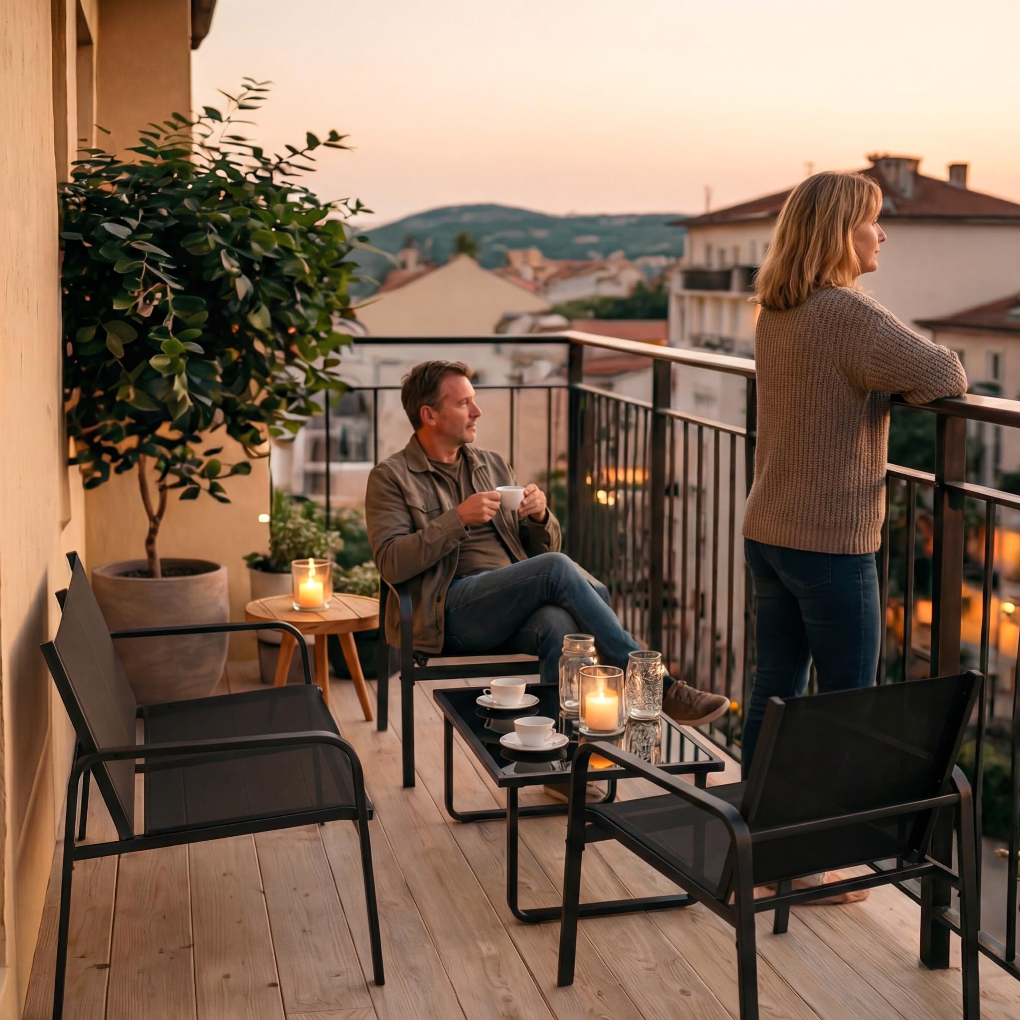 Mondeer Gartenmöbel Set mit Armlehnen 4-TLG für Garten Balkon Außen | Terrassenmöbel Außen mit Tisch Sofa und 2 Stühlen, Balkonmöbel Set mit Textilene, Schwarz
