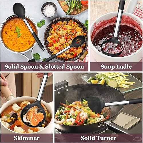 Miniatura 5 de TeamFar Juego de 8 utensilios de cocina, utensilios de cocina de silicona, con mango de acero inoxidable, para freír, servir, voltear y escurrir, no