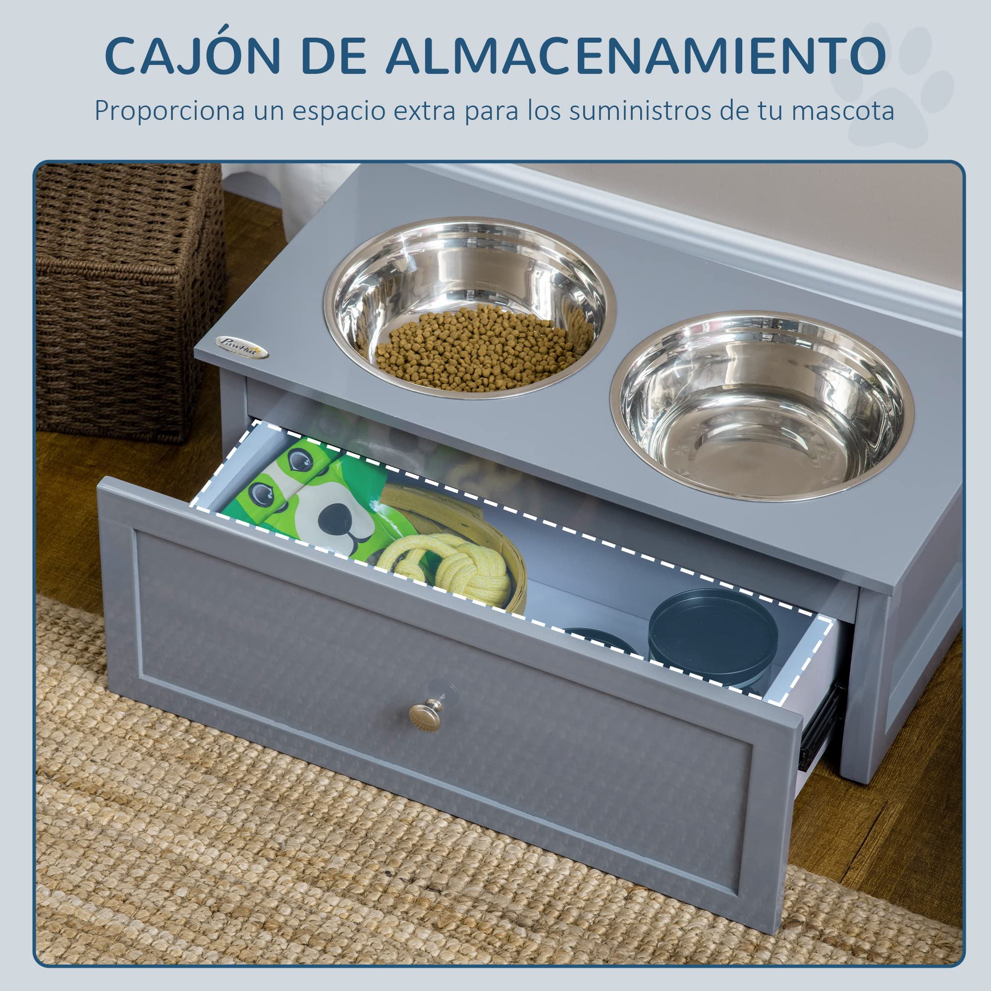 PawHut Comedero Elevado para Perros Medianos con 2 Cuencos de 2000 ml de Acero Inoxidable Comedero Alto para Perros con 1 Cajón 63x30x24 cm Gris