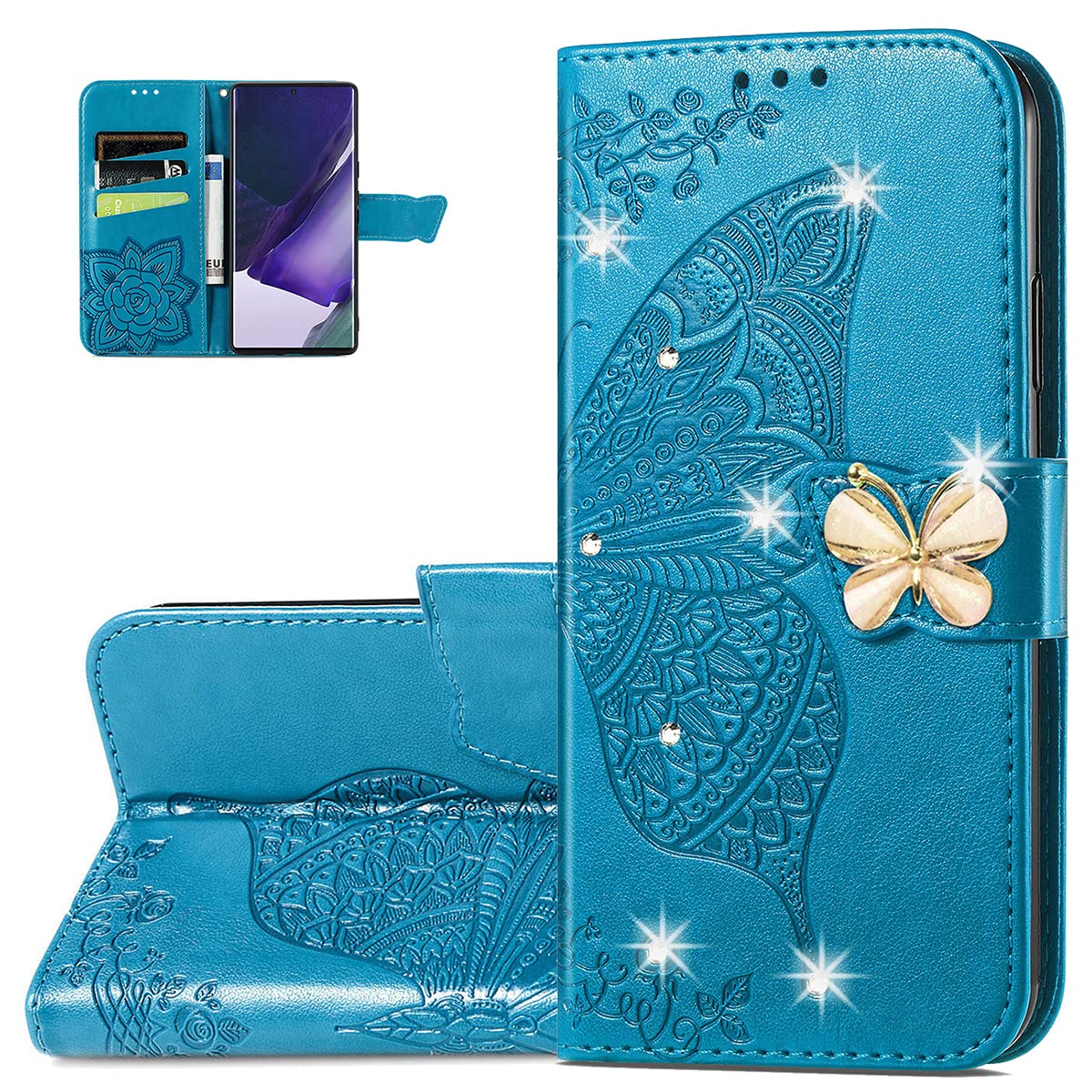 Dinglijia Wallet Case for Samsung Galaxy A14, Butterfly Pattern PU Leather Case with Magnetic Clasp and Cash Card Holder Cover for Galaxy A14, Rhinestone Blue