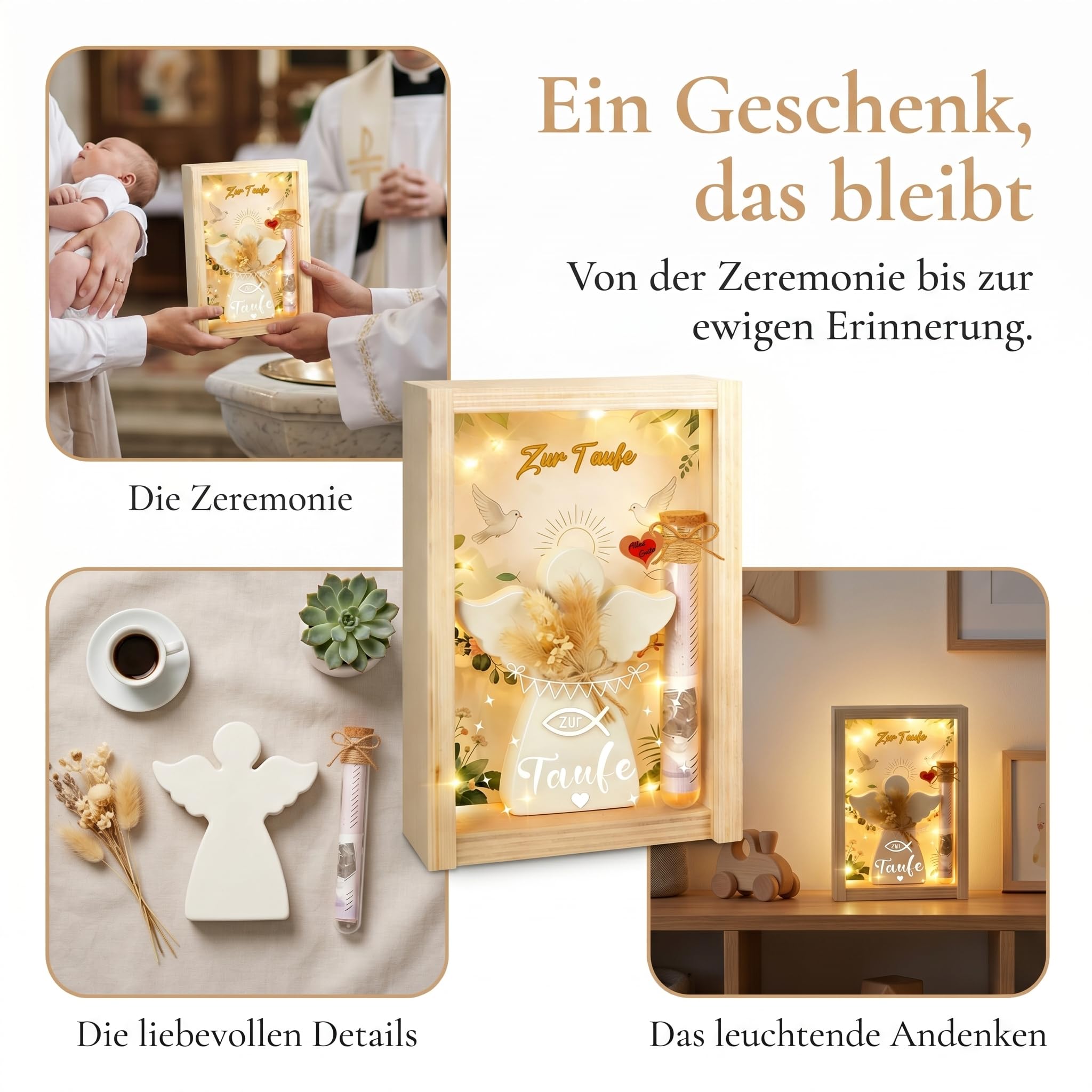 Taufgeschenke für Mädchen Jungen, Taufe Geschenk mit LED, Getrocknete Blumen,Holzbox, Taufkarte, Engel und Fische, Kreative Geschenke zur Taufe