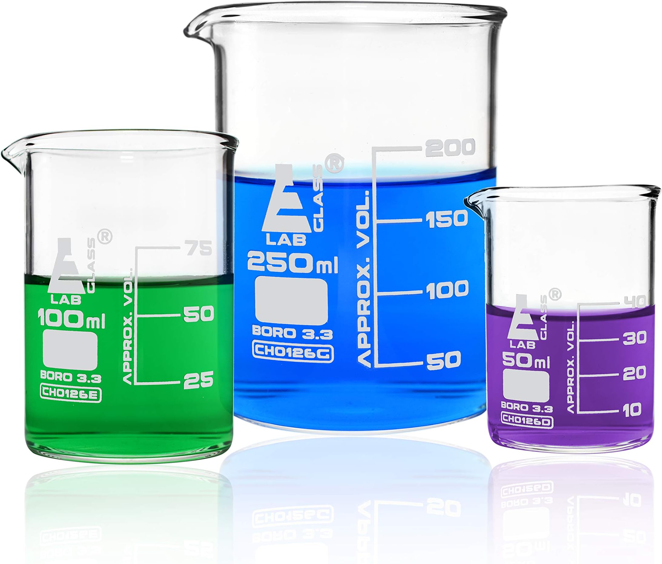 Eisco Premium Beaker Set, 250ml, 100ml & 50ml - Low Form, White Graduations - Superior Durability & Chemical Resistance - Borosilicate 3.3 Glass - Labs