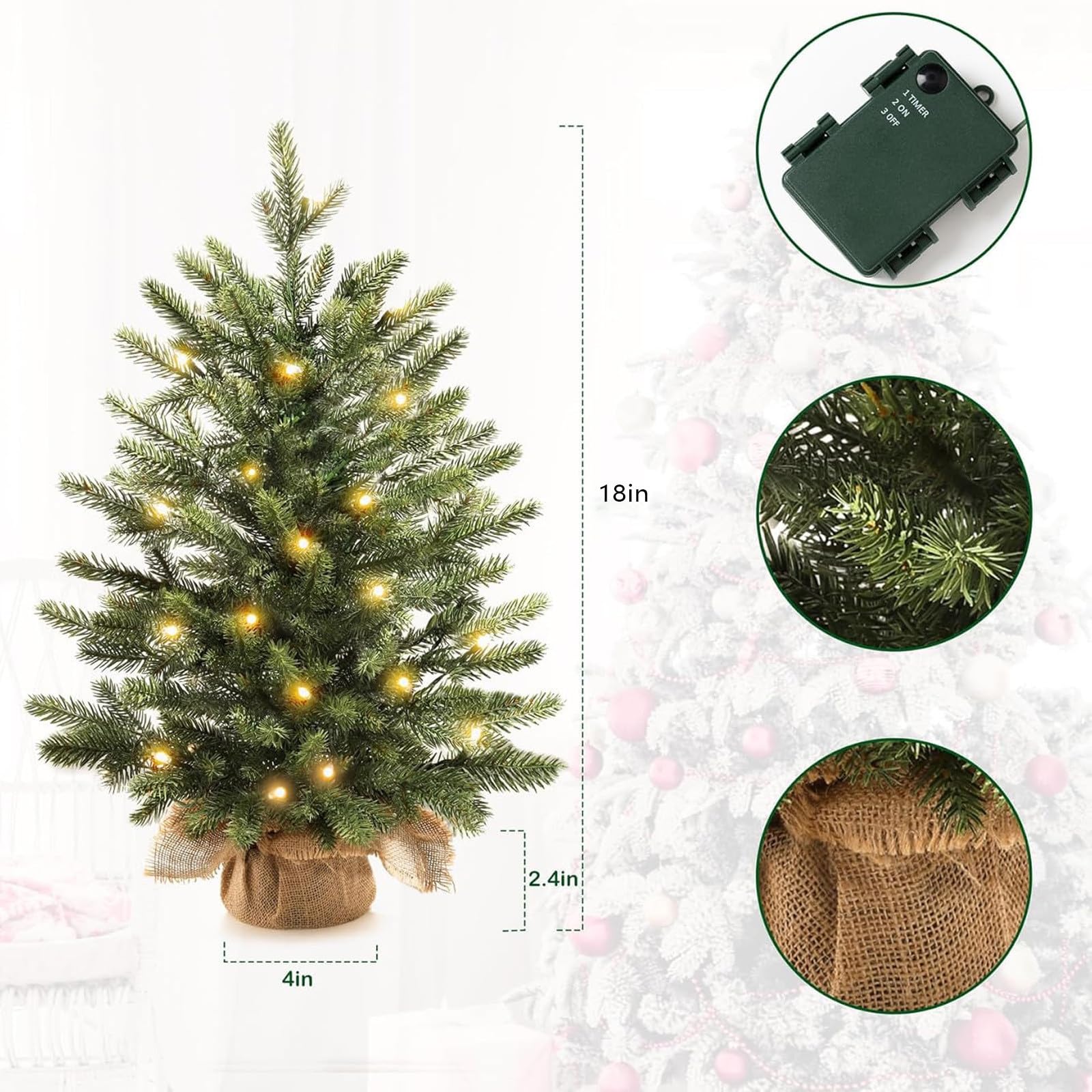 Árbol de Navidad artificial de 18 pulgadas, preiluminado con LED blanco cálido, funciona con pilas, temporizador remoto, ignífugo, base tejida, decoración festiva del hogar