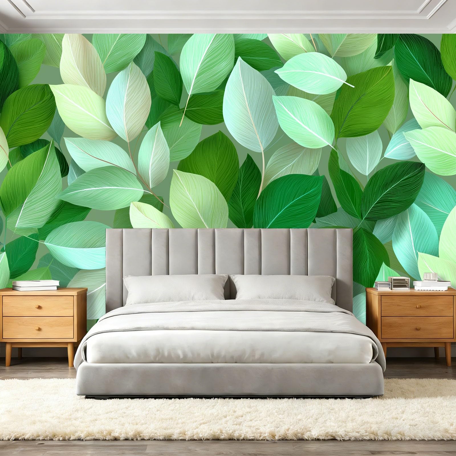 Fototapeta tapeta rośliny natura gałęzie i liście zielony motyw fototapeta włóknina mural ścienny plakat do salonu sypialni korytarza TV tło dekoracja ścienna murale, 350 x 256 cm