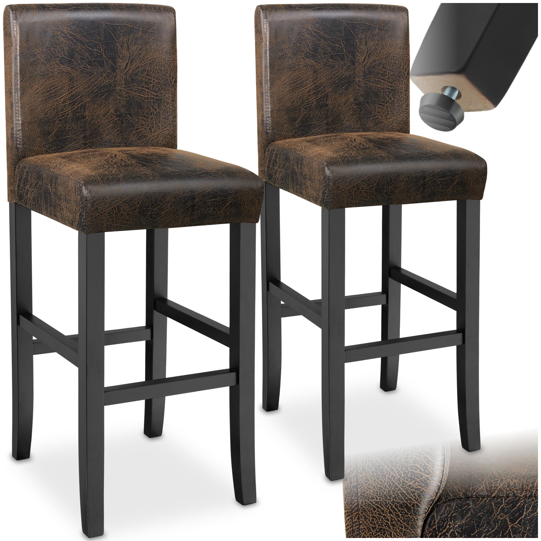 tectake® Lot de 2 Tabouret Bar en Bois & Cuir synthétique Chaise de Bar Chaise Haute Cuisine pour Ilot Central Rembourrée avec Dossier Tabouret Haut Comptoir Bar Salon
