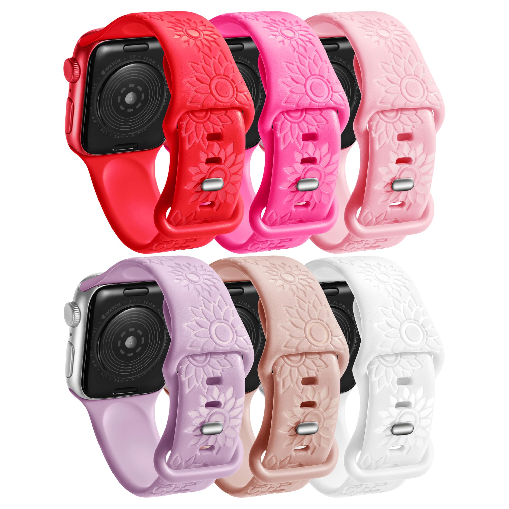 6 Pack Flower Engraved Bands Compatible Apple Watch Band With 38mm 40mm 41mm 42mm 44mm 46mm 45mm 49mm Women Men.Silicone Floral Reflective Sport Strap for iWatch Series 10 9 8 7 6 5 4 3 SE Ultra 2 1
