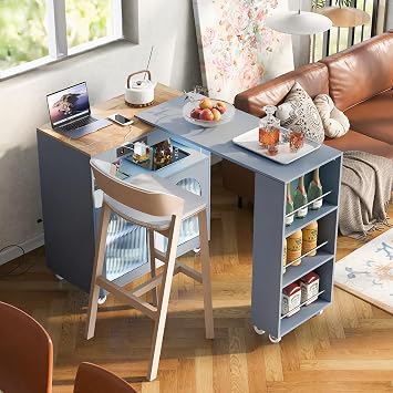 LUMISOL Kitchen Cart on Wheels with Extended Table, Rolling Kitchen Island with LED Lights and Power Outlets, Side Table with Storage Cabinet and 3 Open Shelves, for Dining Room, Grey
