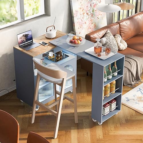 Kitchen Cart with Extended Table, Rolling Kitchen Island on Wheels with LED Lights and Power Outlets, Side Table with Storage Cabinet and 3 Open Shelves, for Dining Room, Grey