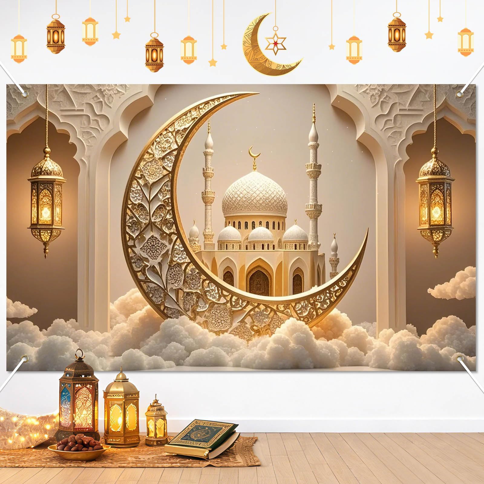 BlissYard Ramadan Decorations Islamic Crescent Moon Mosque Backdrop Eid Mubarak Banner Muslim Home Decor Ramadan Kareem Lantern Sign Iftar Party Supplies Background Wall Art