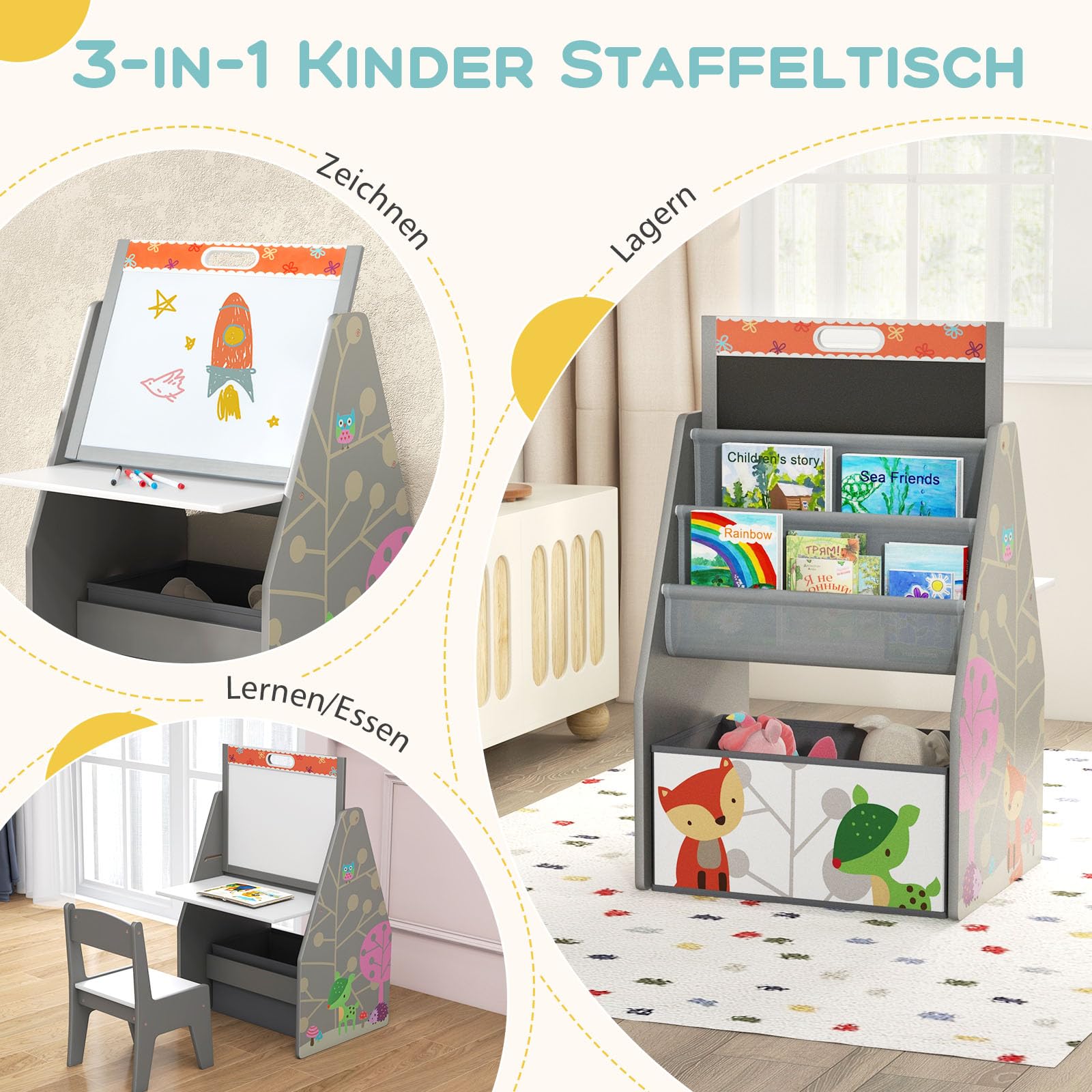 GOPLUS Kinderstaffelei Spieltisch mit Stuhl, Kindertisch und Stuhl-Set mit drehbarer doppelseitiger magnetischer Tafel & Whiteboard, Bücherregal & Aufbewahrungsfach, Maltisch für Kinderzimmer(Grau)