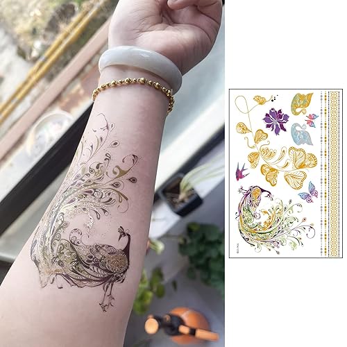 Miniatura 4 de Aresvns Tatuaje temporal metálico de 80 +, 8 hojas de tatuajes falsos dorados y plateados para mujeres, adolescentes, tatuajes de joyería flash,