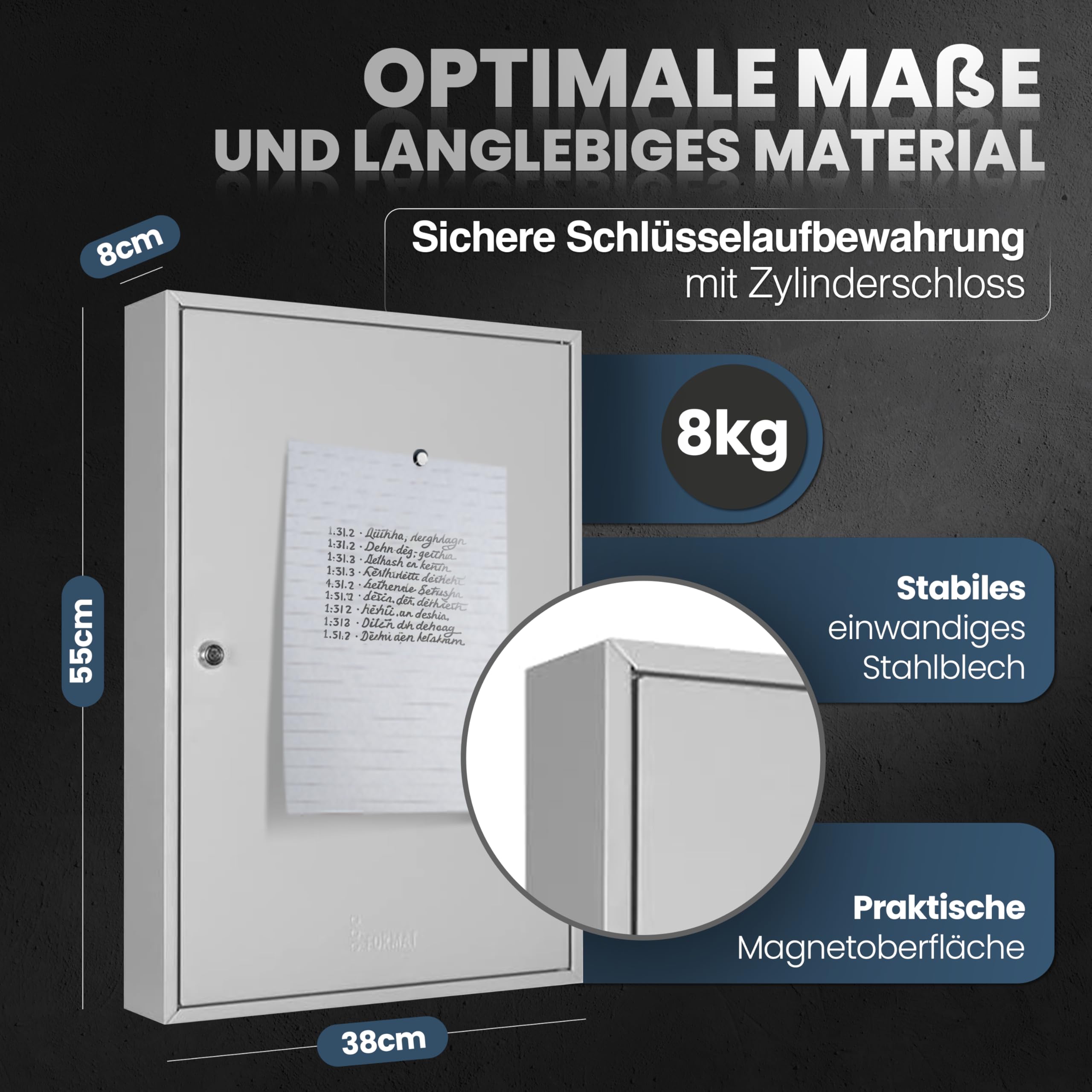 Schlüsselkasten SD100 Schlüsselschrank 100 Haken Stahl abschließbarer Safe magnetische Außenseite höhenverstellbare Leisten Wandmontage 55x38x8cm