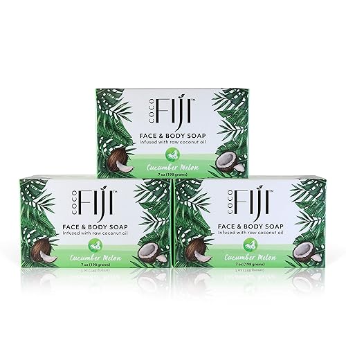 Barra de jabón Coco Fiji para cara y cuerpo infundida con aceite de coco orgánico, melón de pepino, aceite esencial, jabón natural para hidratar y