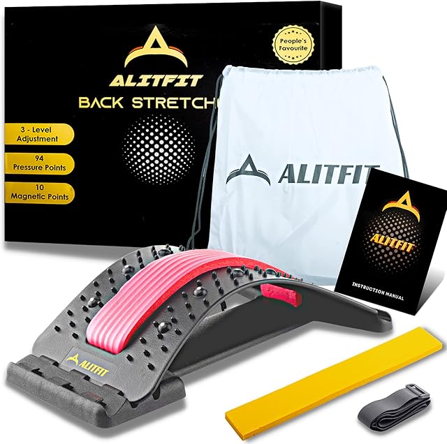 Alitfit Back Stretcher with Magnetic Acupressure Points, Multi-Level Spine Stretcher for Back Pain Relief and Posture Corrector- Include Free Carry Bag, Belt and Extra Deck Cushion