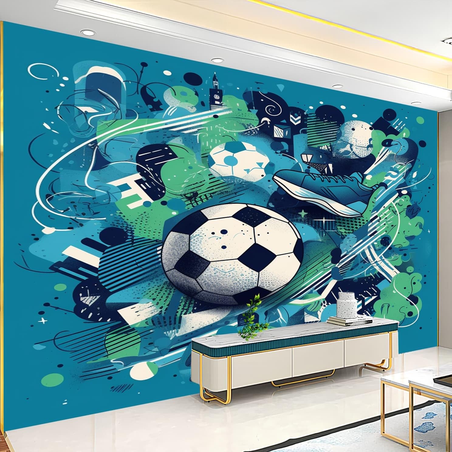 Moda sportowa, motyw piłki nożnej, tapeta na fizelinie, panorama, plakat ścienny, 350 x 256 cm, niebieska, fototapeta, pyłoszczelna i łatwa w pielęgnacji, do salonu, pokoju dziecięcego, sypialni